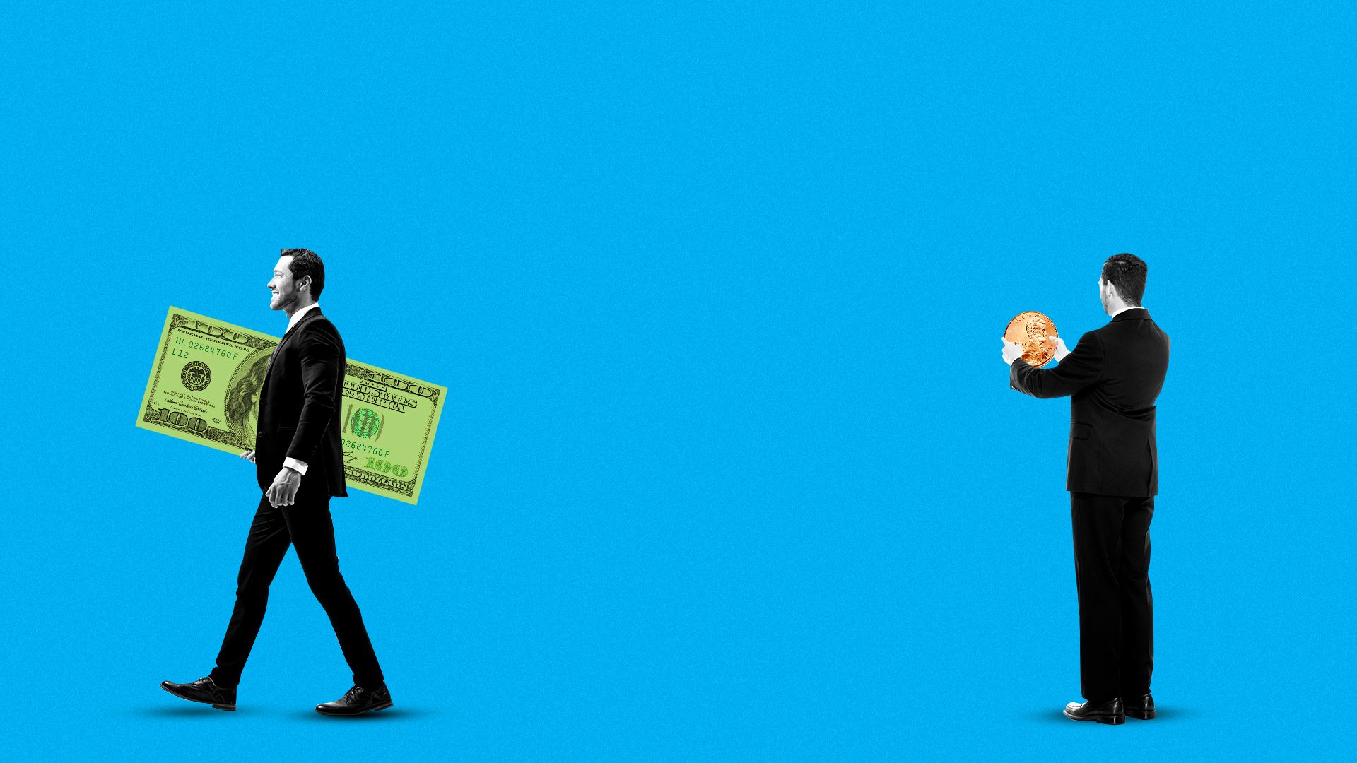 Illustration of two people one with a giant hundred dollar bill and another with a penny.  