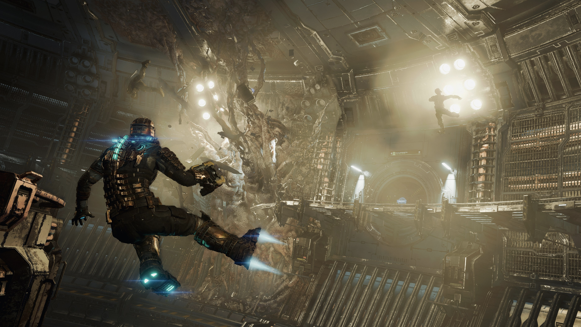 Video game screenshot of a person in sci-fi space armor floating in a monster-infested space station