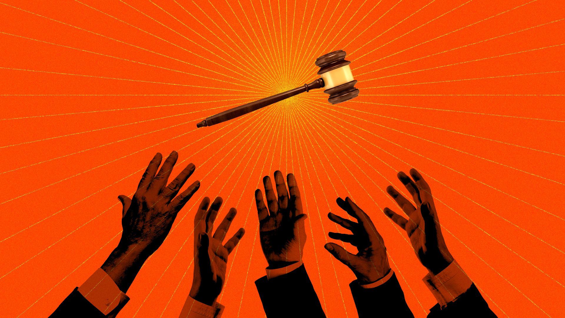 A crowd of hands reaching for the speaker's gavel