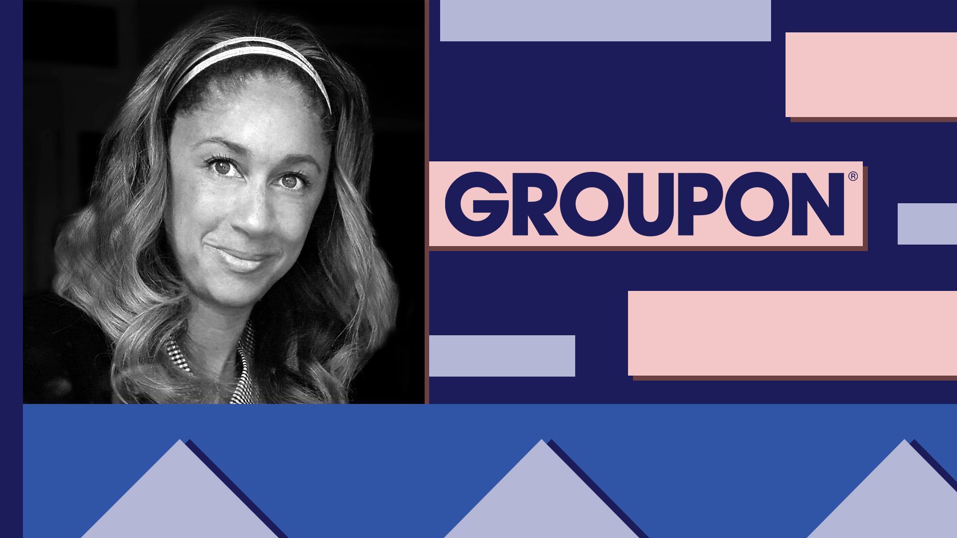 Photo illustration collage of Jennifer Beugelmans, Groupon's Chief Communications Officer, surrounded by graphic shapes
