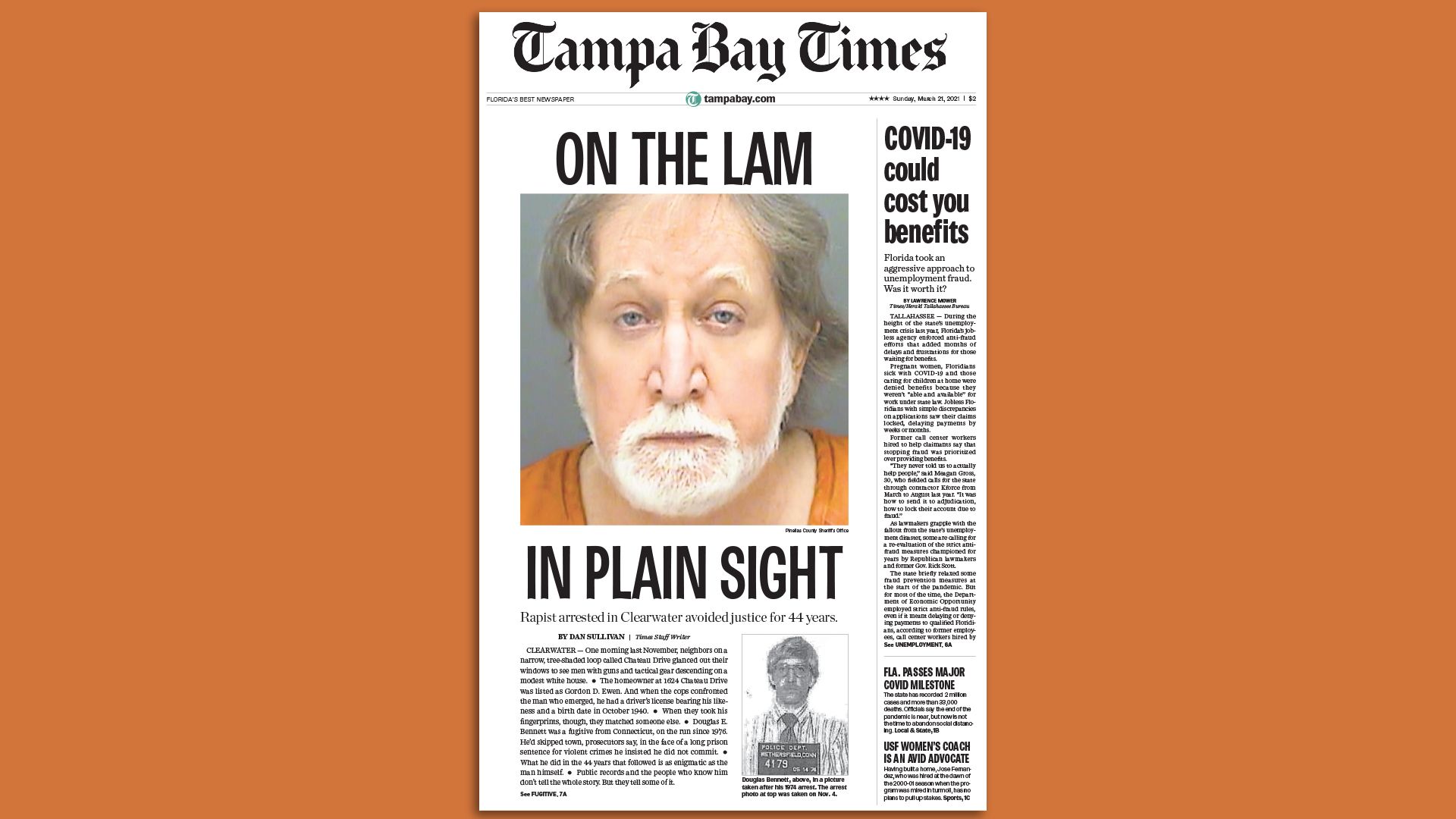 The front page of the Tampa Bay Times featuring the "On the Lam" headline with a large mugshot that takes up almost half the page