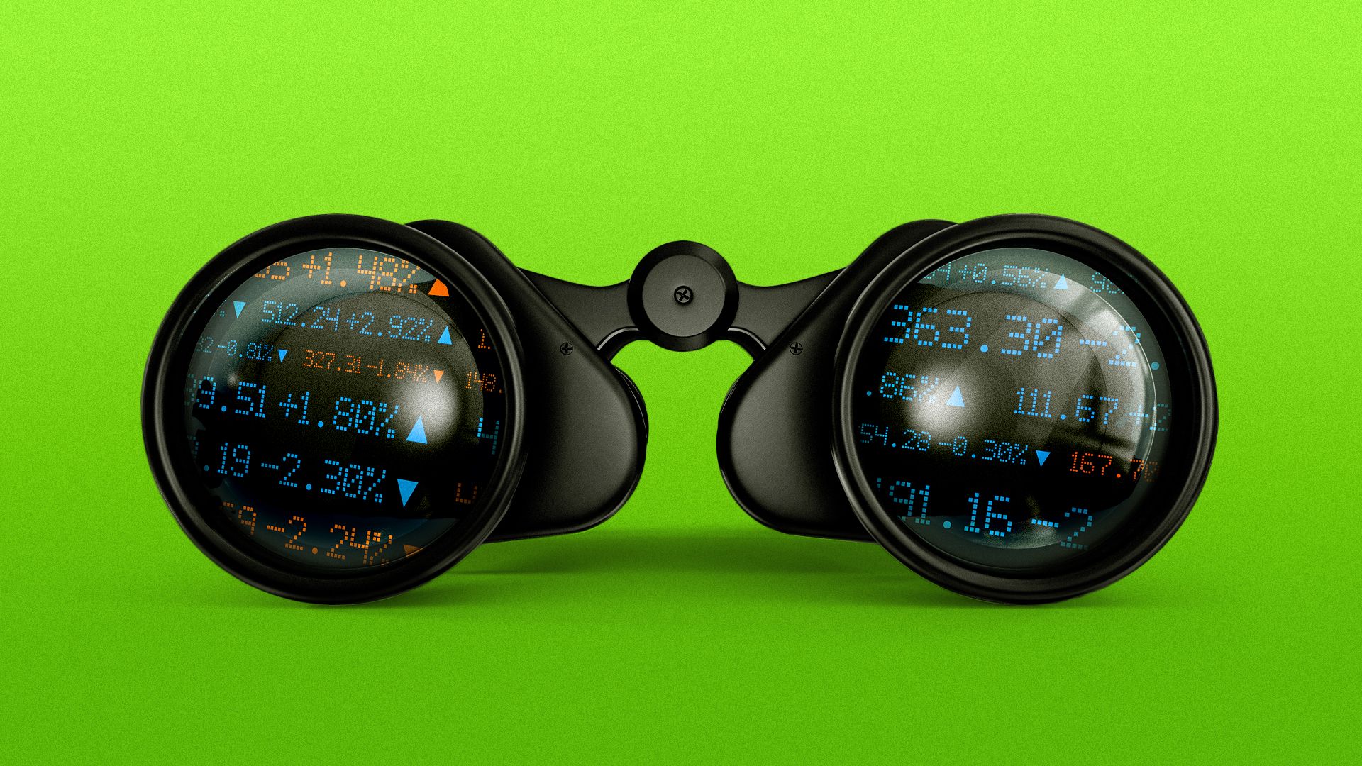 Illustration of stock tickers reflected in the lenses of binoculars.