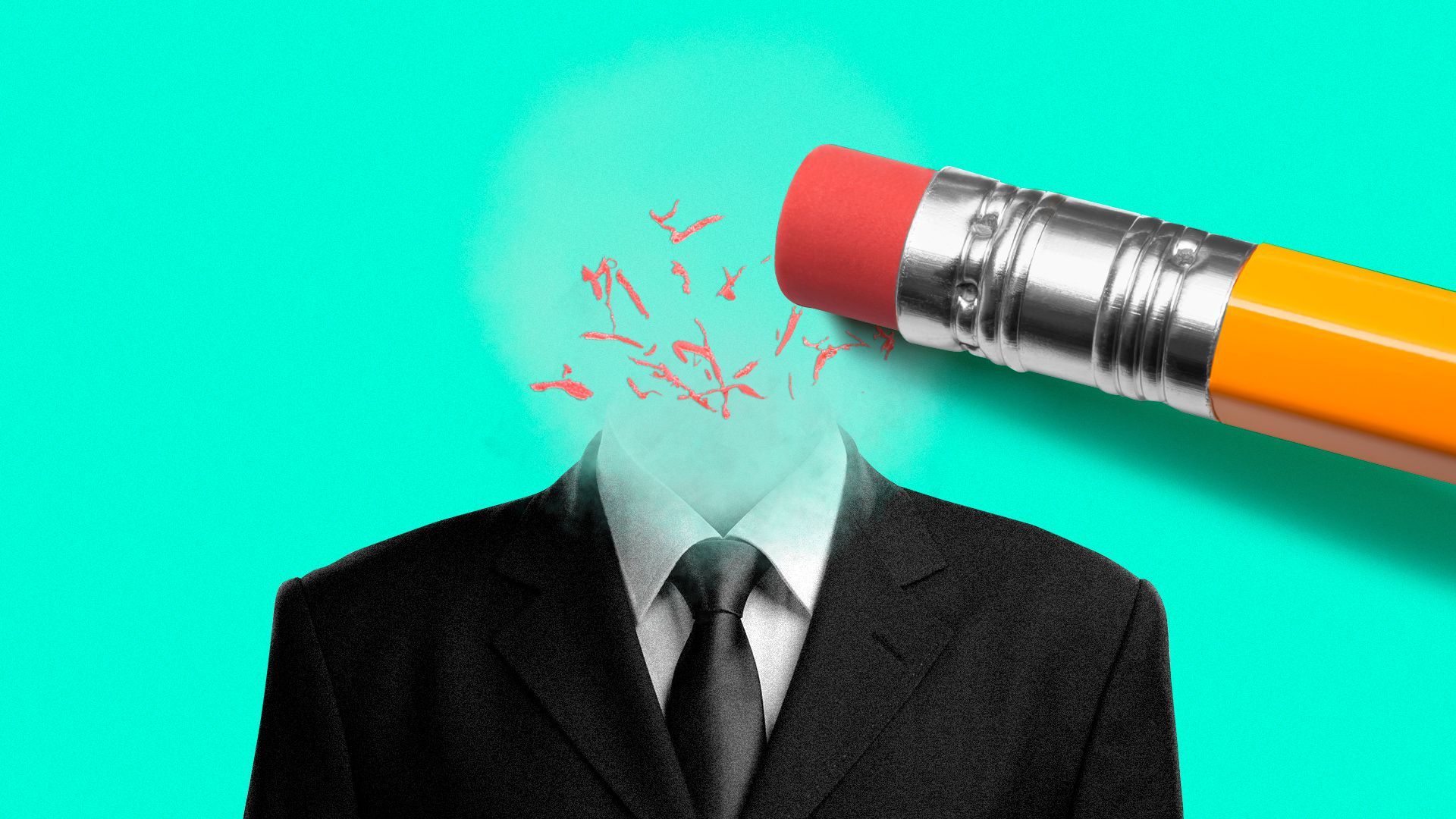 Illustration of a pencil eraser erasing a person.   