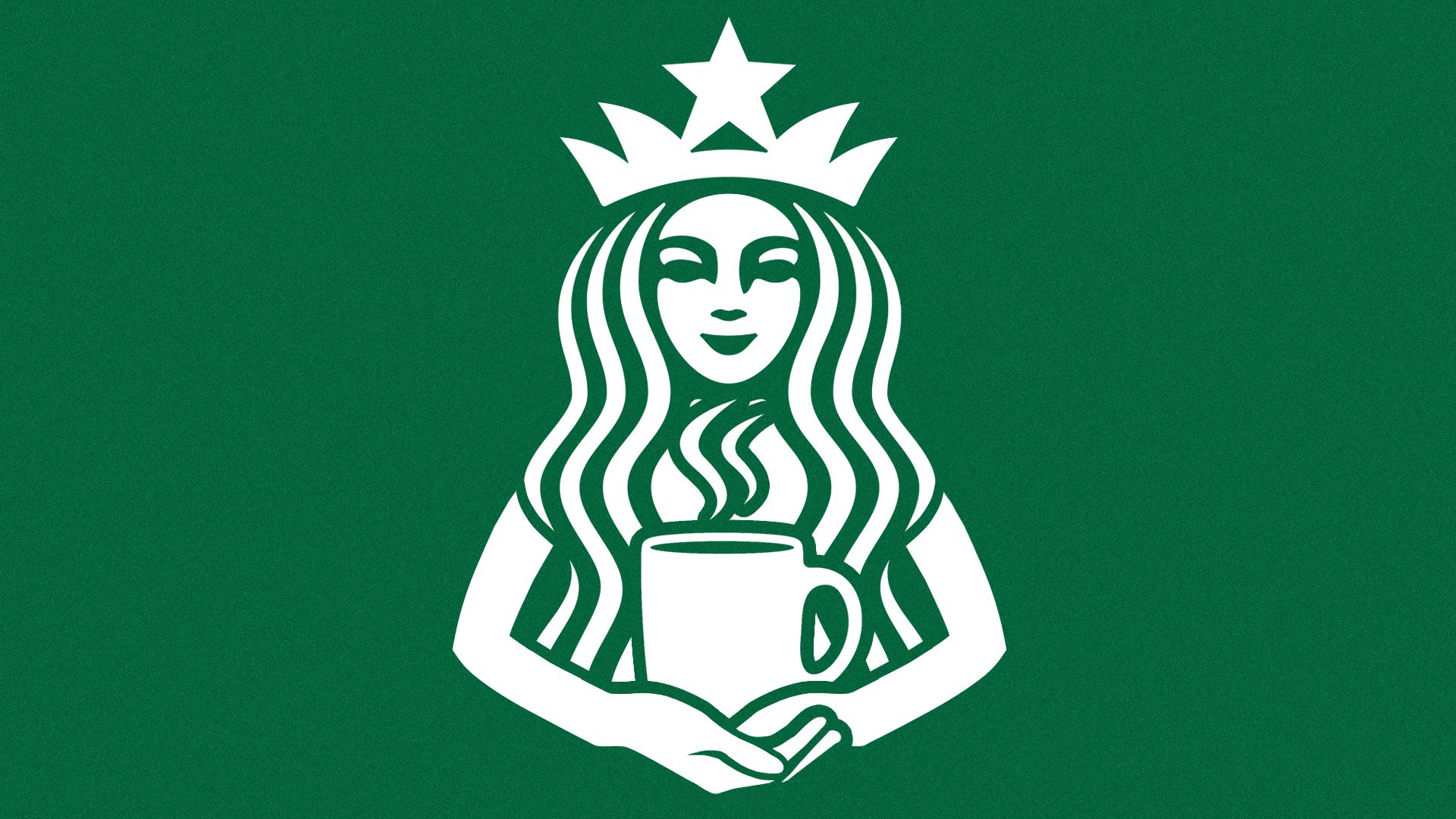 Illustration of the Starbucks mermaid logo holding a steaming mug of coffee