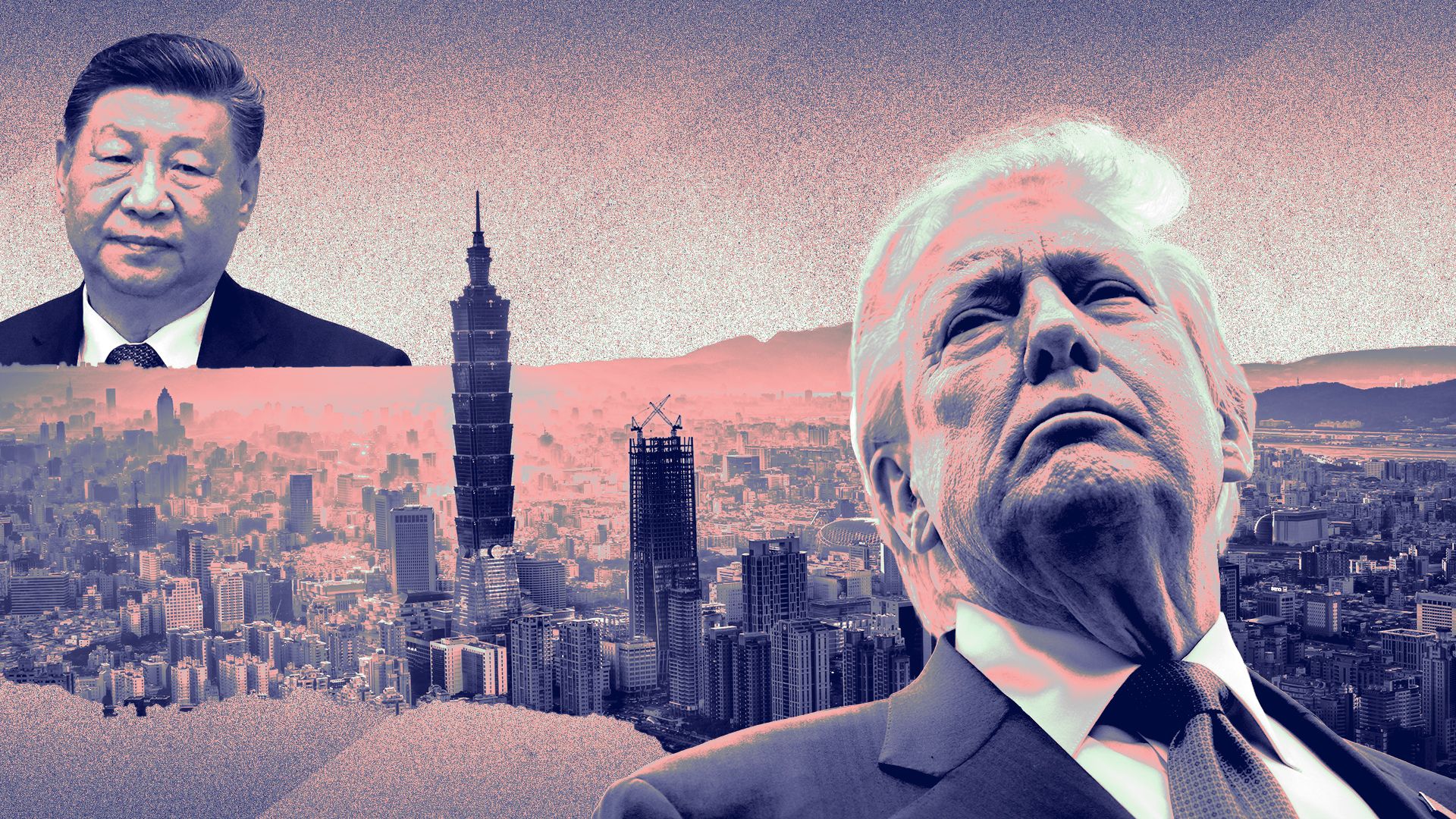 Photo illustration of a collage featuring Xi Jinping, Donald Trump, and the Taipei skyline. 