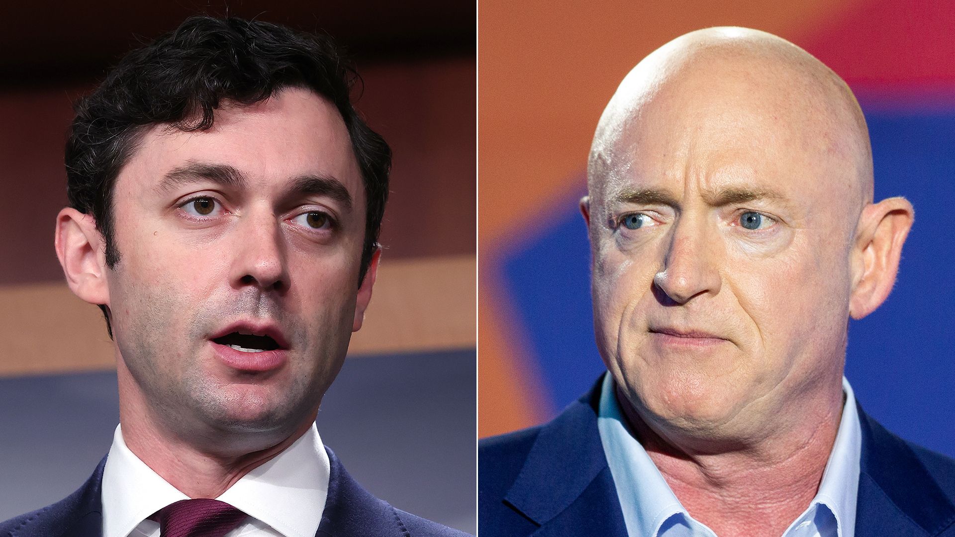Jon Ossoff and Mark Kelly are seen in side-by-side photos.