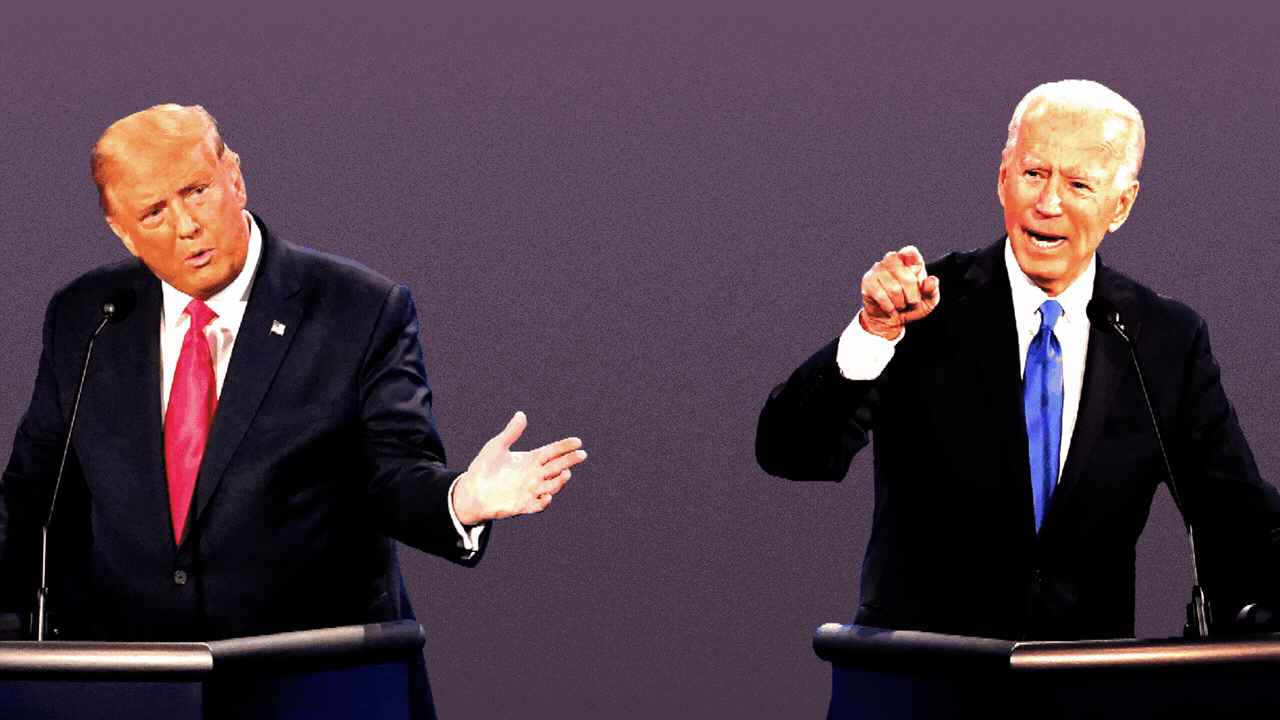 Animated photo illustration of Donald Trump and Joe Biden debating. Their images pixelate and multiply across the screen.