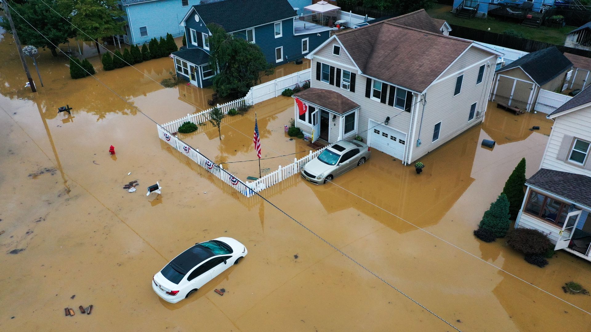 An aerial view of flooded streets are seen in Helmetta of New Jersey,