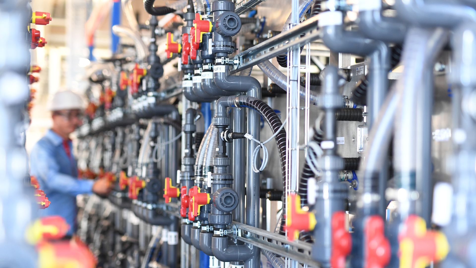 A battery system that converts wind energy into chemical energy at the Fraunhofer Institute for Chemical Technology ICT in Pfinztal, Germany.