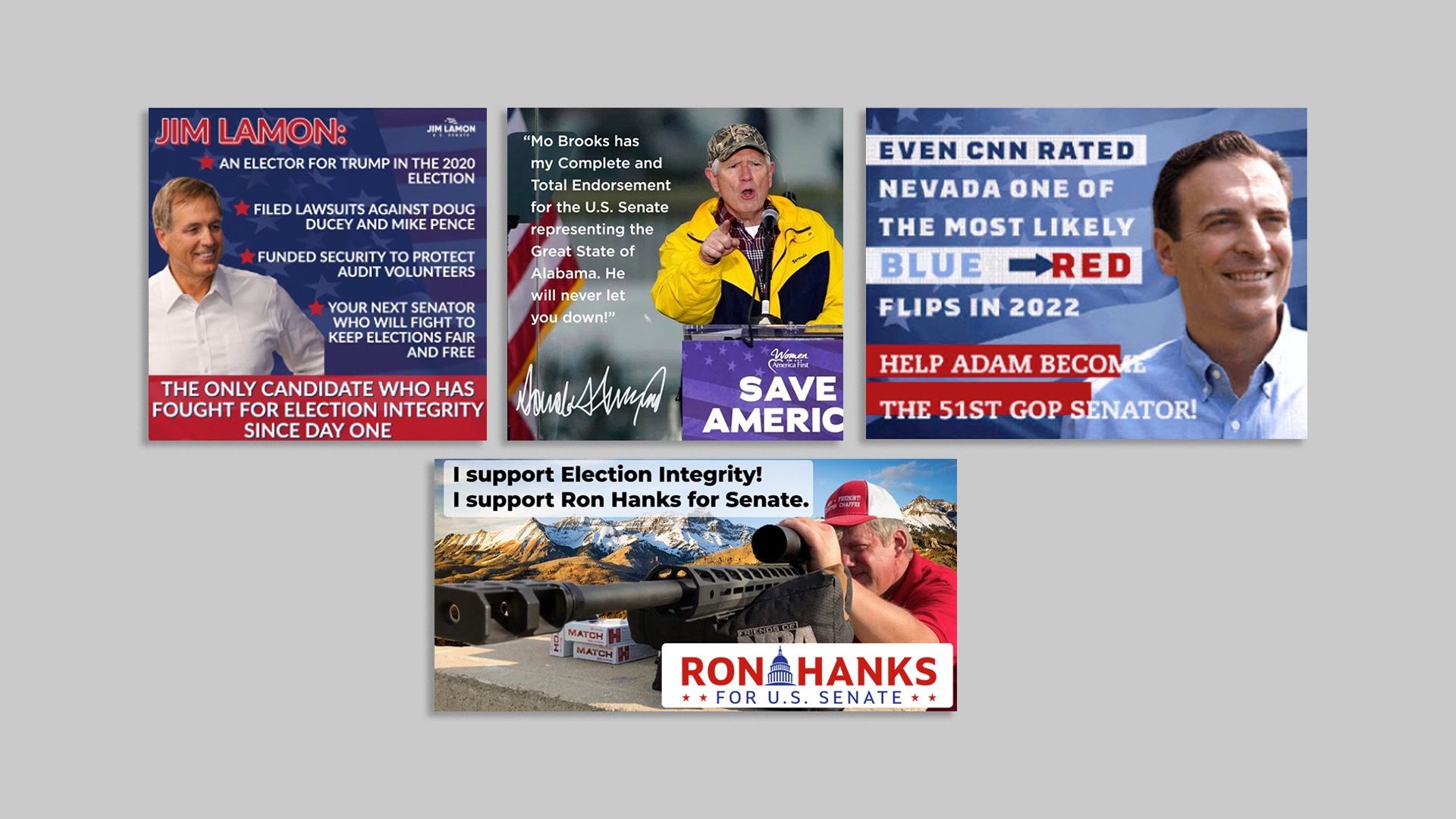 Screen grabs of ads from the Senate candidates’ campaigns. Compilation by Axios Aïda Amer