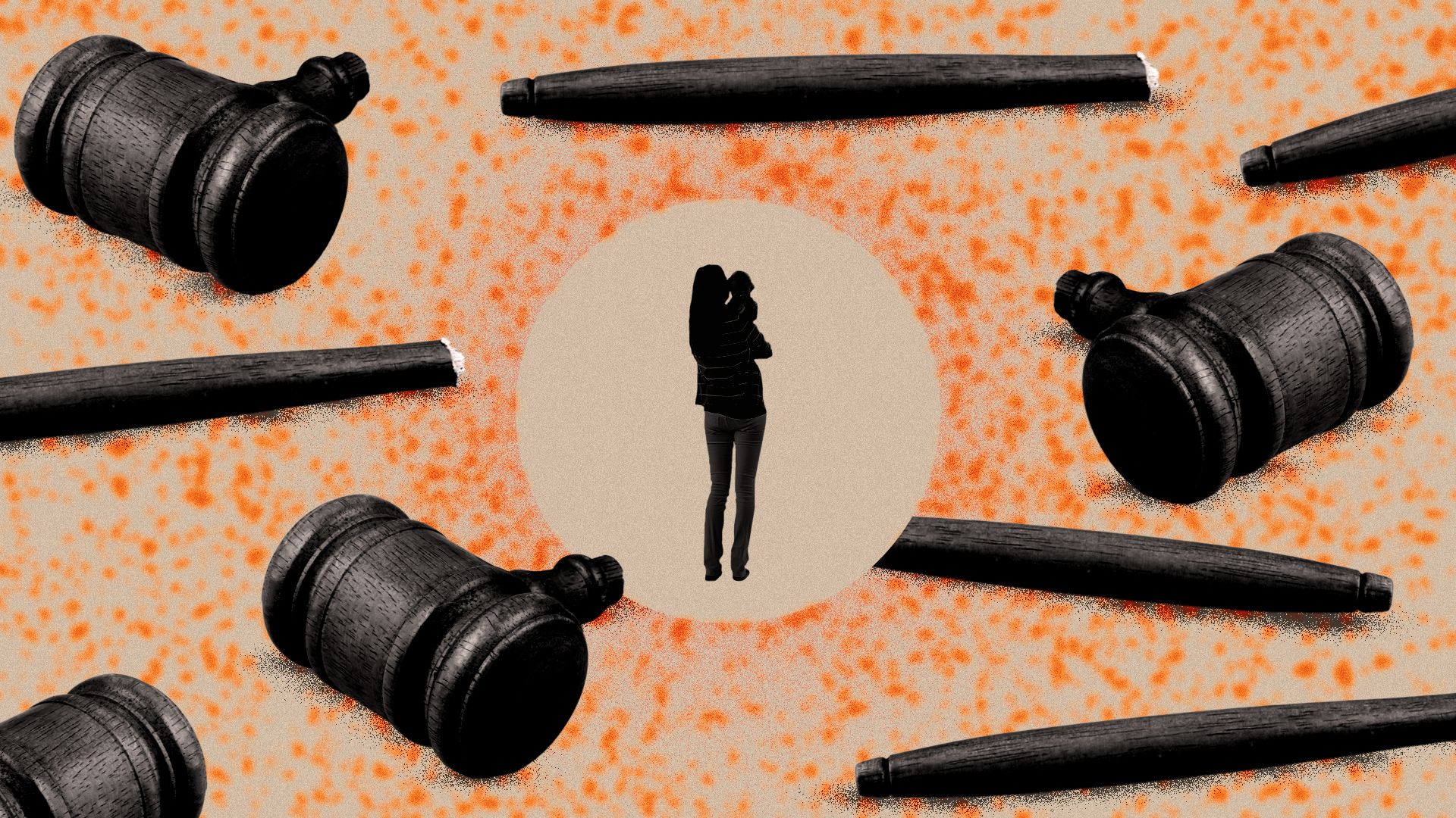 Illustrated collage of a woman holding a baby standing in an empty circle surrounded by a measles-like pattern, with broken gavels all around. 