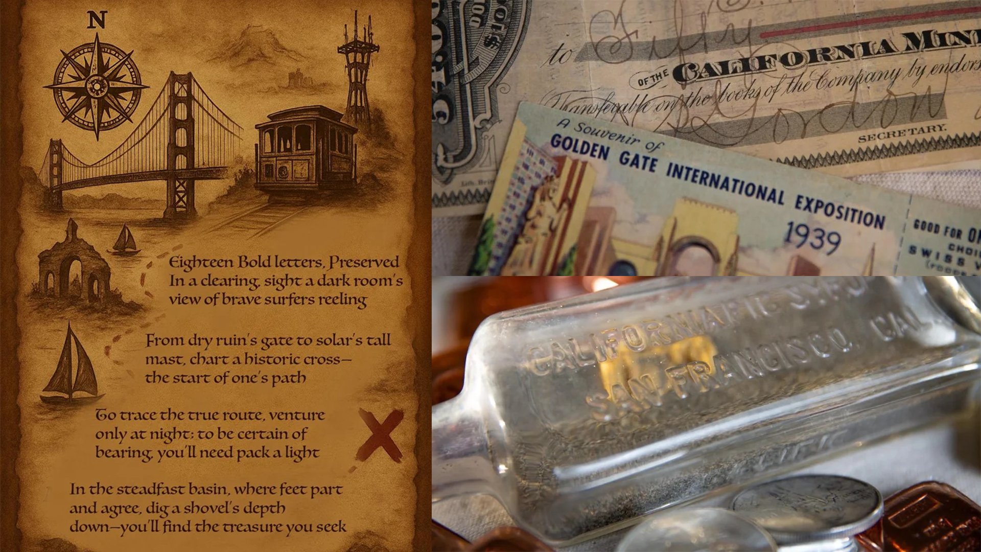 Photo showing clues provided by the anonymous treasure buriers showing the riddle for the treasure hunt and some of the treasures inside