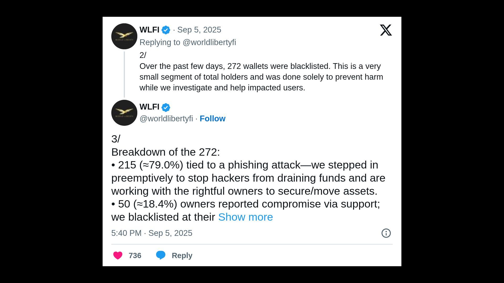Tweet from WLFI on Sep 5, 2025, explaining details behind 272 wallets were blacklisted recently to prevent harm. Breakdown: 215 tied to phishing, 50 reported compromise, actions ongoing to secure assets, plus others