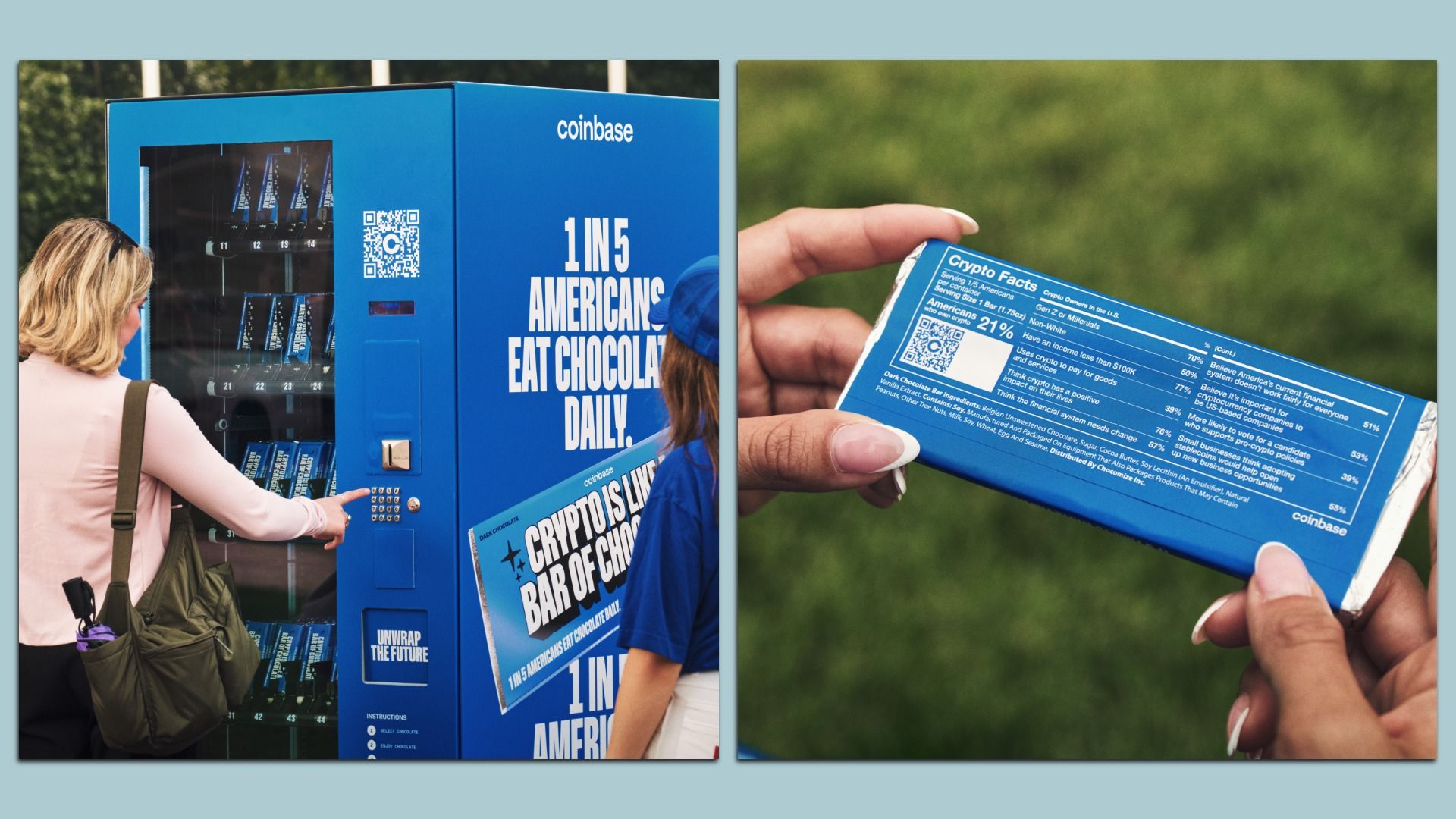 Two images, one of a blue vending machine and another of a chocolate bar in a blue wrapper, held by two hands.