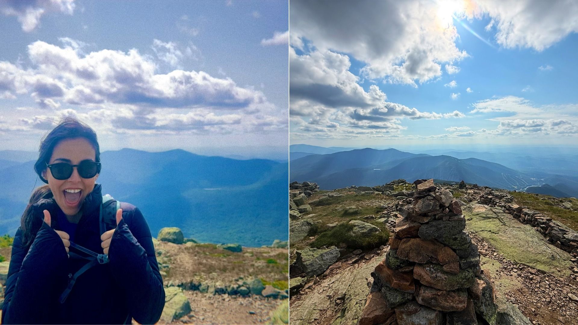 Split image: left shows a smiling woman in sunglasses giving thumbs up on a mountain under a blue, cloudy sky; right shows a rocky summit with stacked stones and distant blue mountains under bright sun.