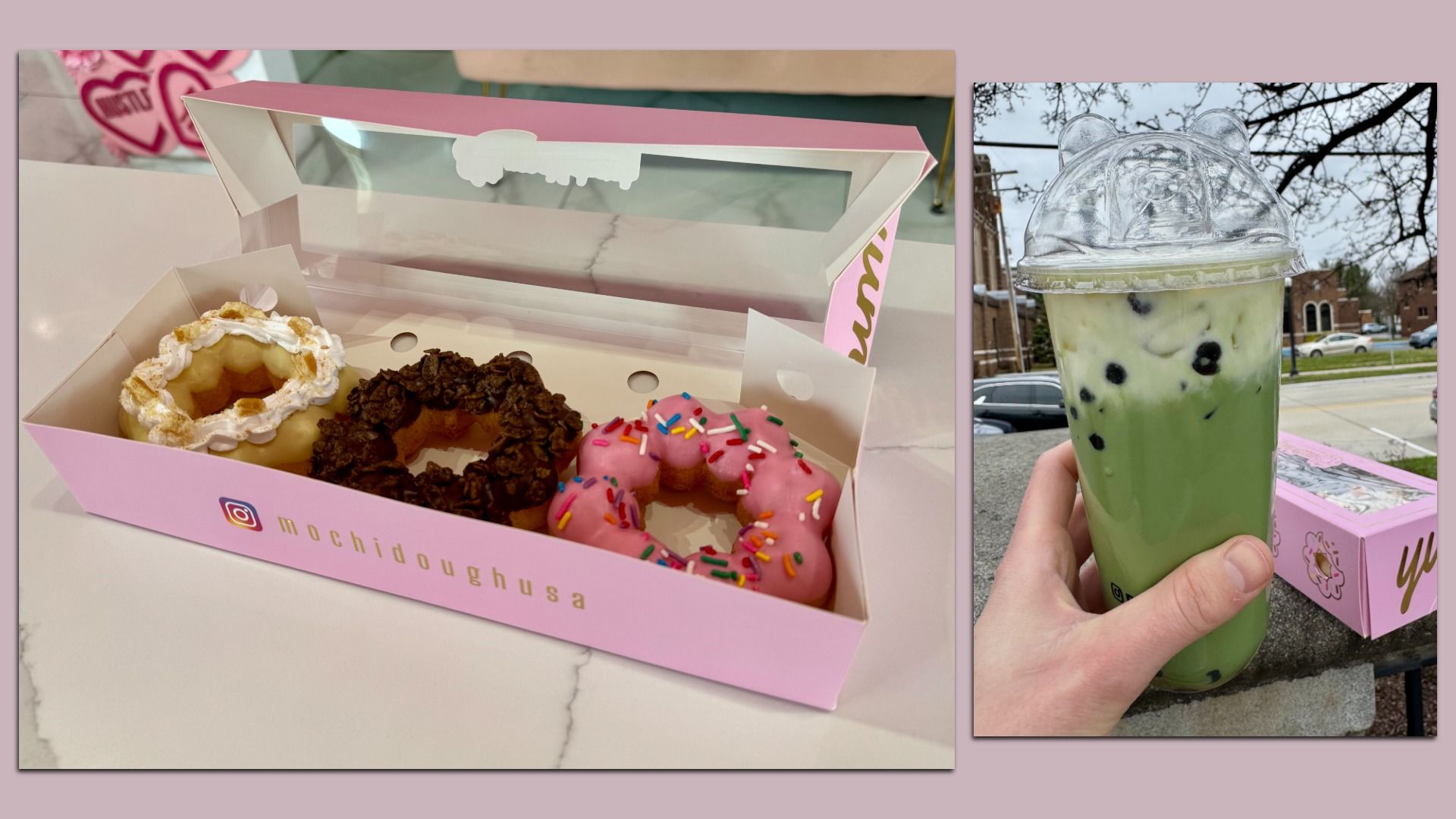 Three bumpy donuts and a very green latte drink.
