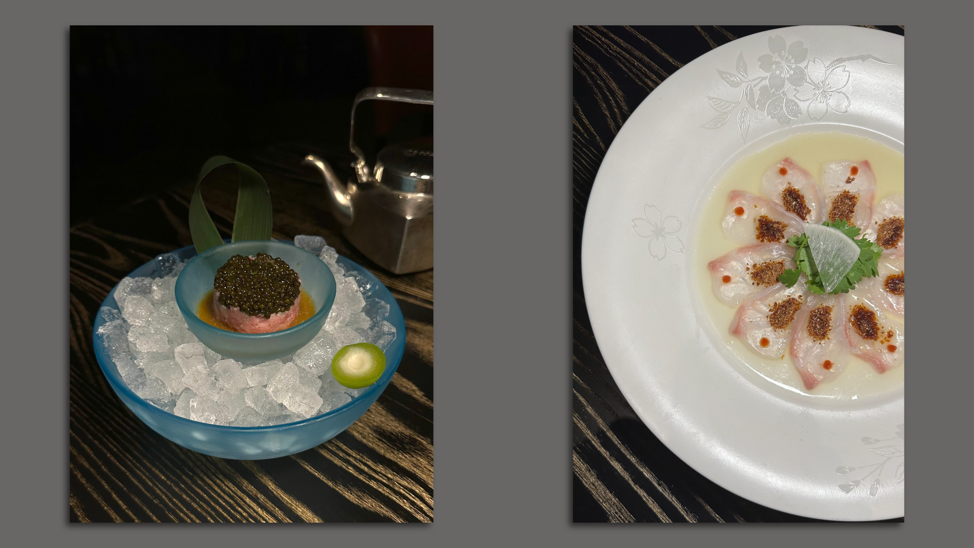 Two side-by-side photos of raw fish preparations.