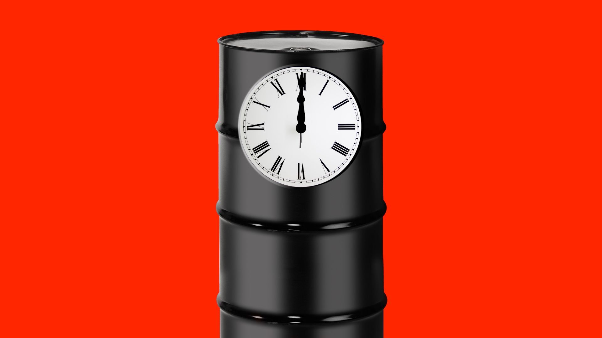 Illustration of an oil barrel as a clock tower showing high noon.