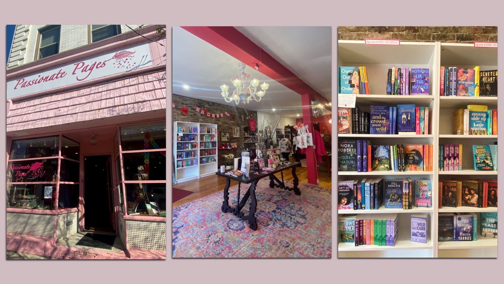 Three-panel image of a pink bookstore: left shows storefront "Passionate Pages"; middle a chandelier-lit interior with a central table; right shelves filled with romance novels labeled "Romantic Fiction".