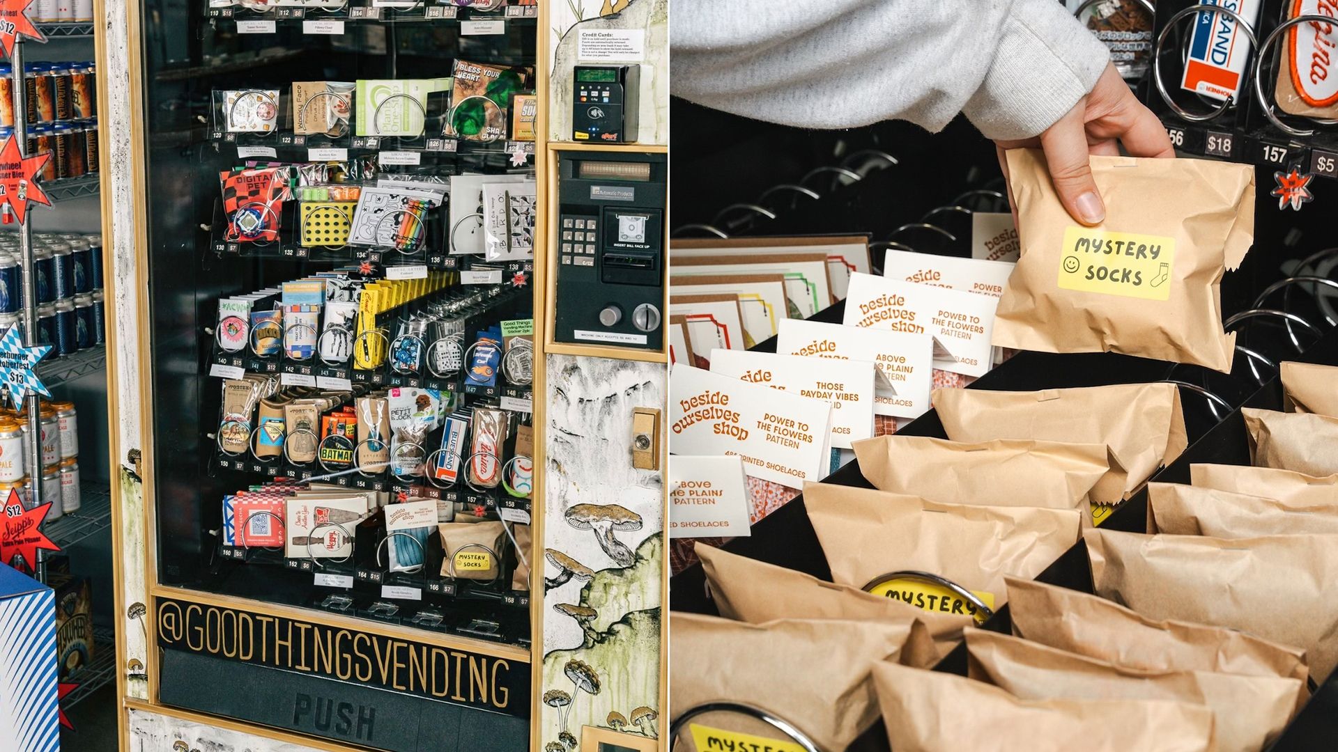 Front view of a vending machine next to an image of inside the vending machine which includes rows of brown paper bags with sticker that says mystery socks.