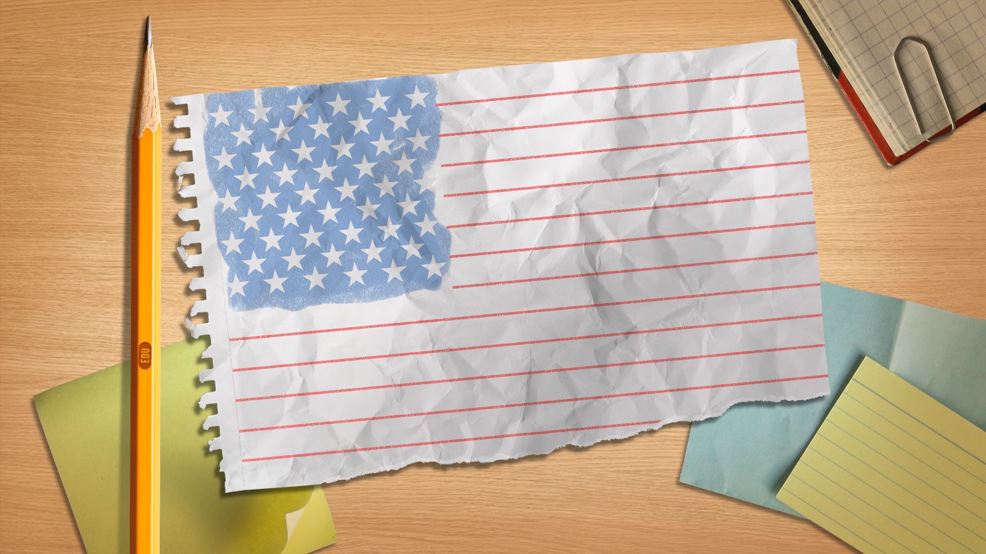 Illustration of a desk covered in papers and notebooks with a pencil and sheet of paper forming an American flag