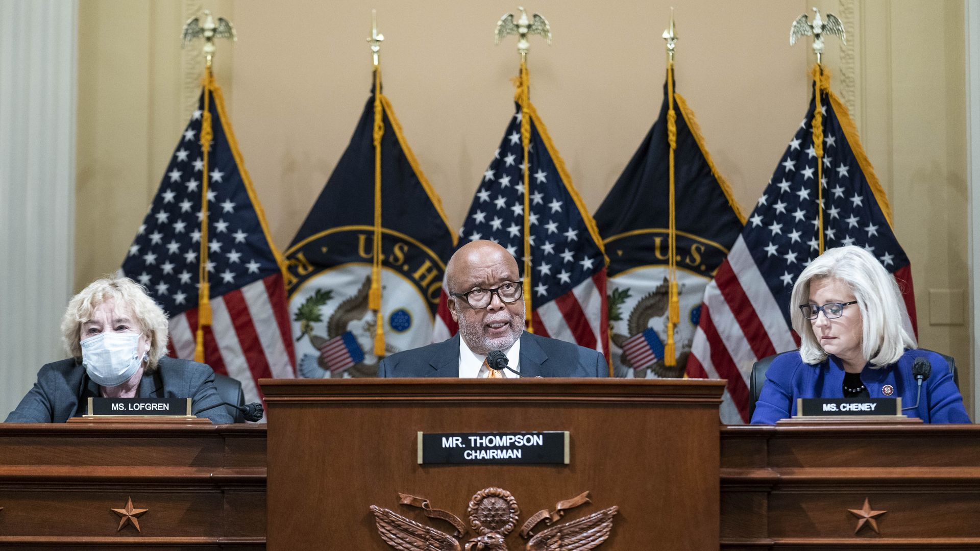 Rep. Zoe Lofgren is seen sitting with her colleagues during a meeting of the Jan. 6 Select Committee.