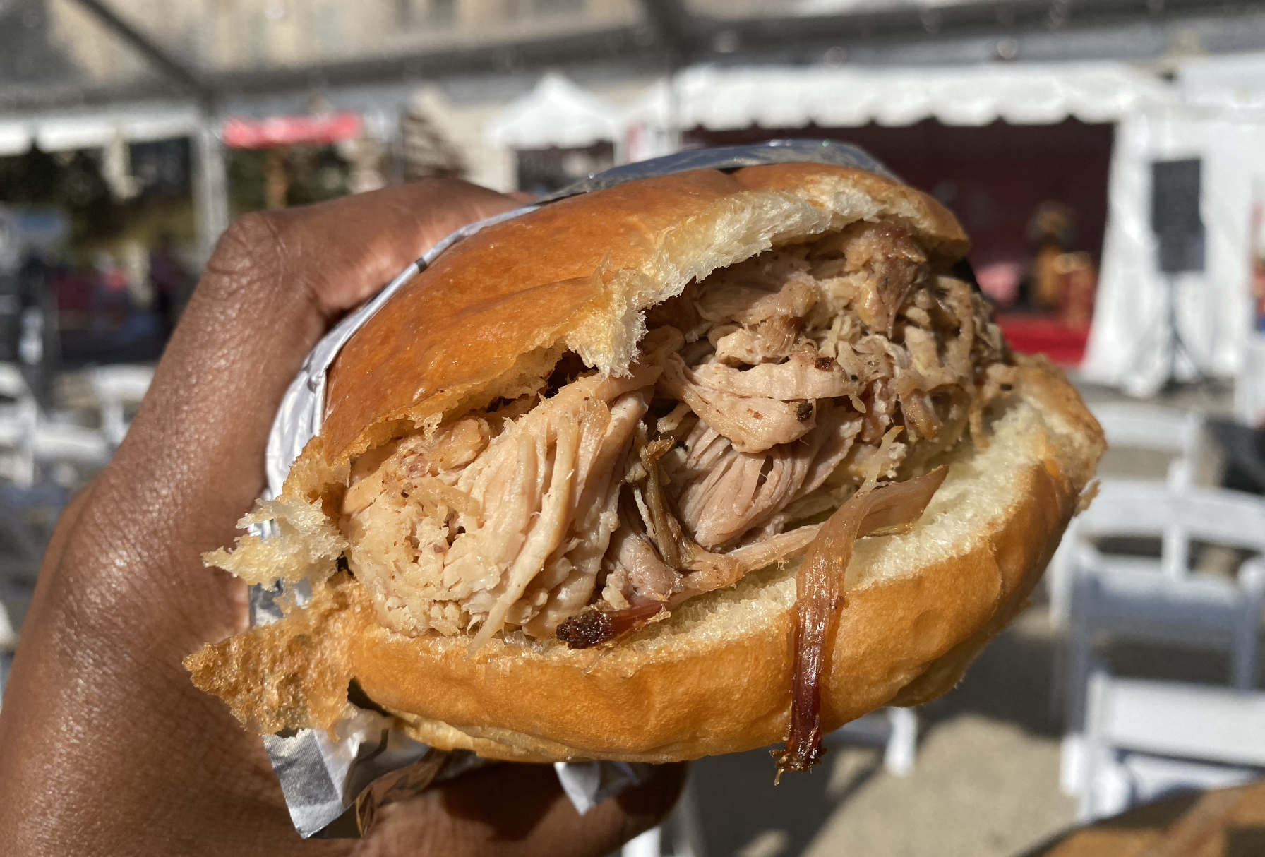 A pulled pork sandwich from old blue BBQ.