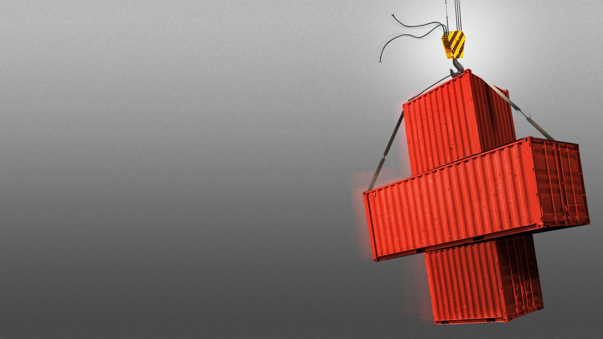 Illustration of a shipping container in the shape of a medical red cross snapping from beneath a crane