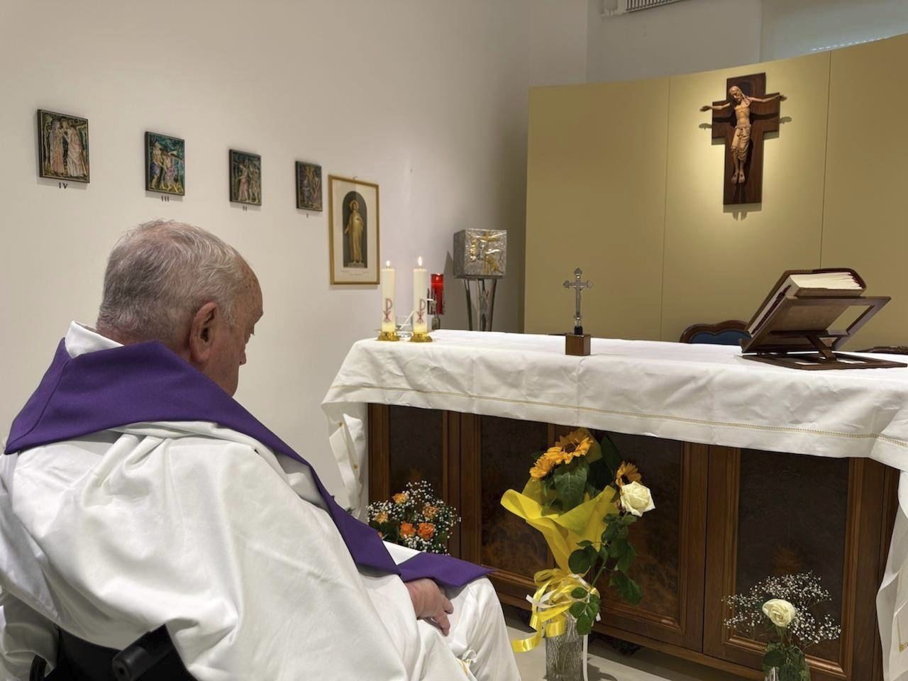 Pope Francis, 88, celebrates a mass inside the chapel of the Agostino Gemelli polyclinic in Rome, Sunday, March 16, 2025.