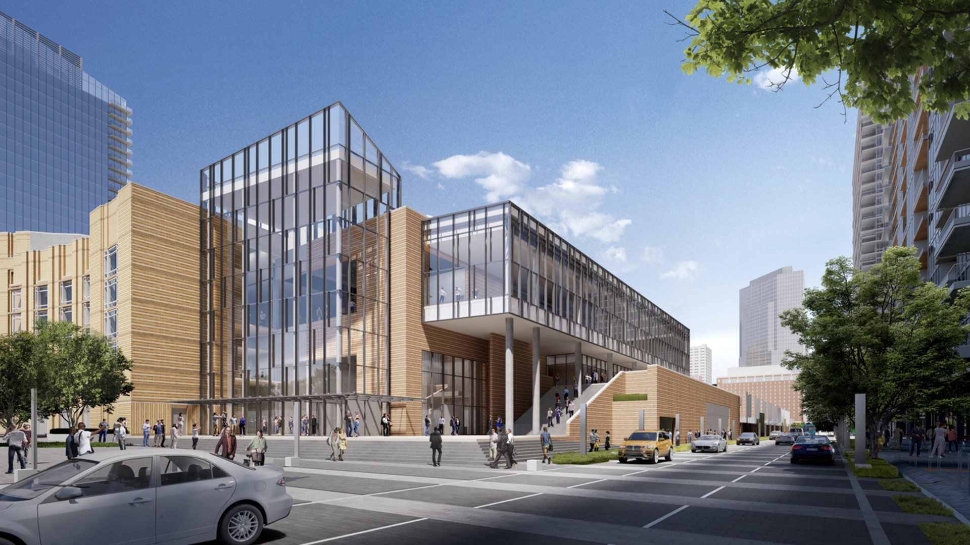 A rendering of a building with a glass facade