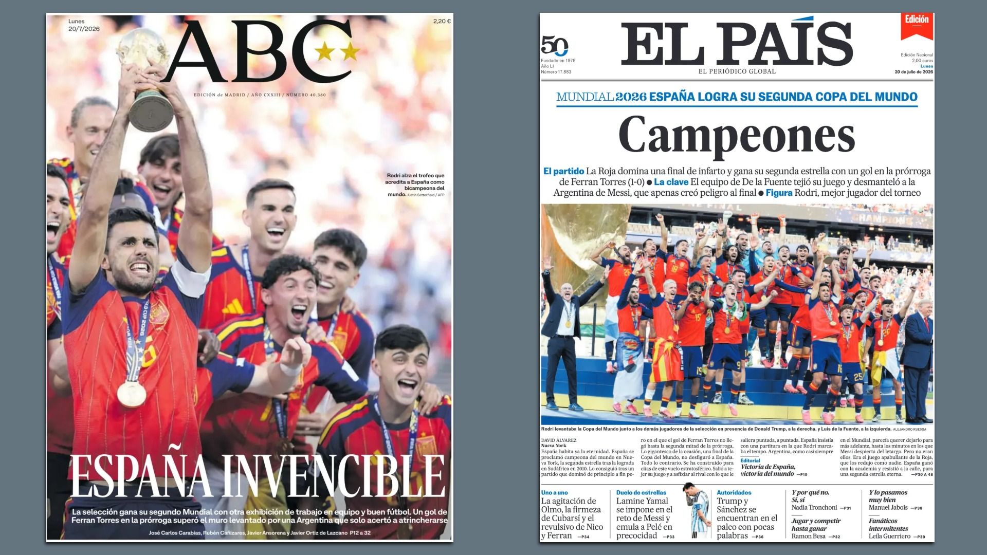 Two front pages celebrating Spain's win: left shows players in red uniforms lifting a trophy with the headline "ESPAÑA INVENCIBLE"; right from "El País" proclaims "Campeones" with a jubilant team photo.