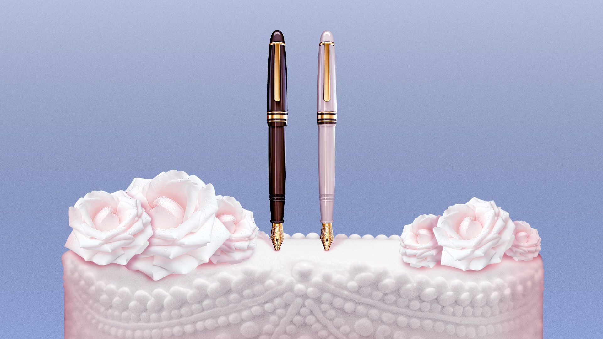 Illustration of two fountain pens on top of a wedding cake