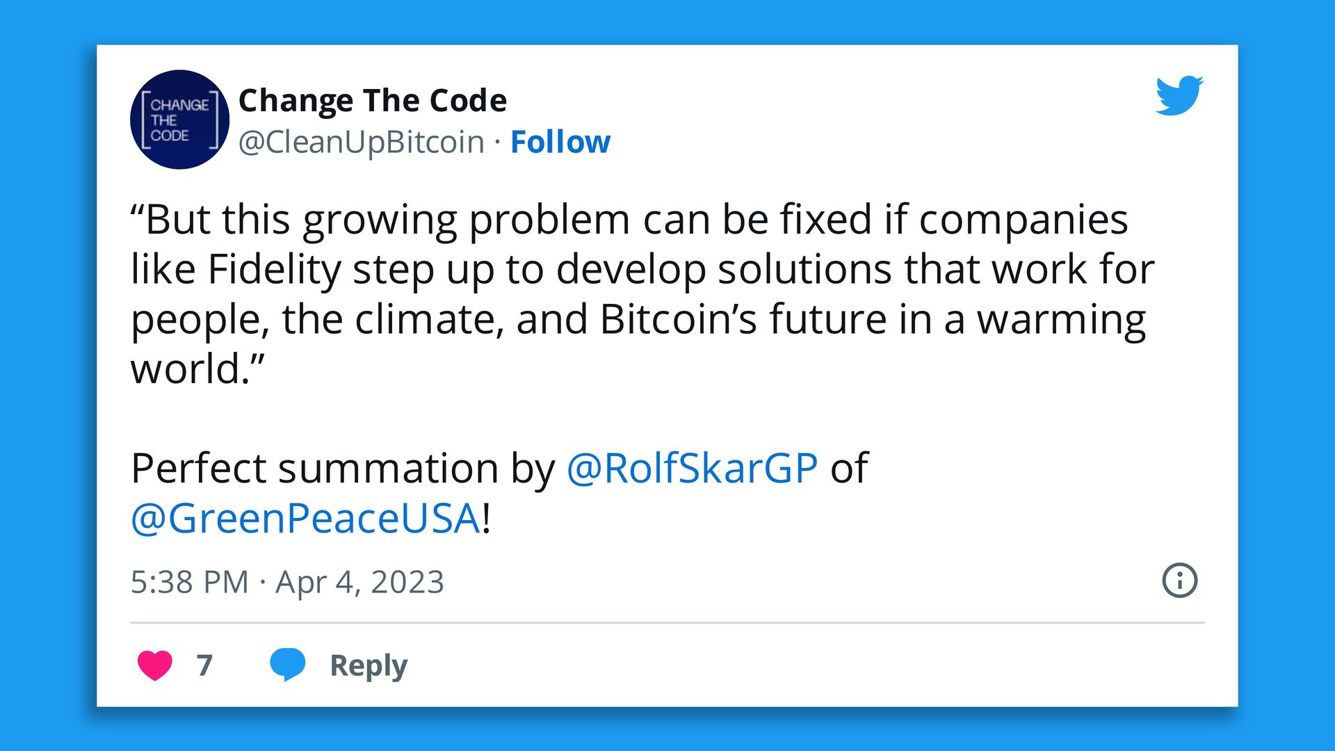 A tweet about Fidelity and Bitcoin