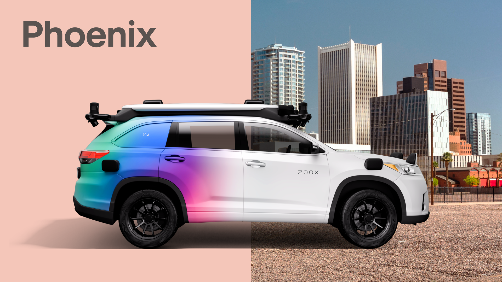 Split-image: left peach panel with the word "Phoenix"; right shows a white Zoox autonomous SUV with a rainbow gradient on the rear, parked on gravel in front of a city skyline.