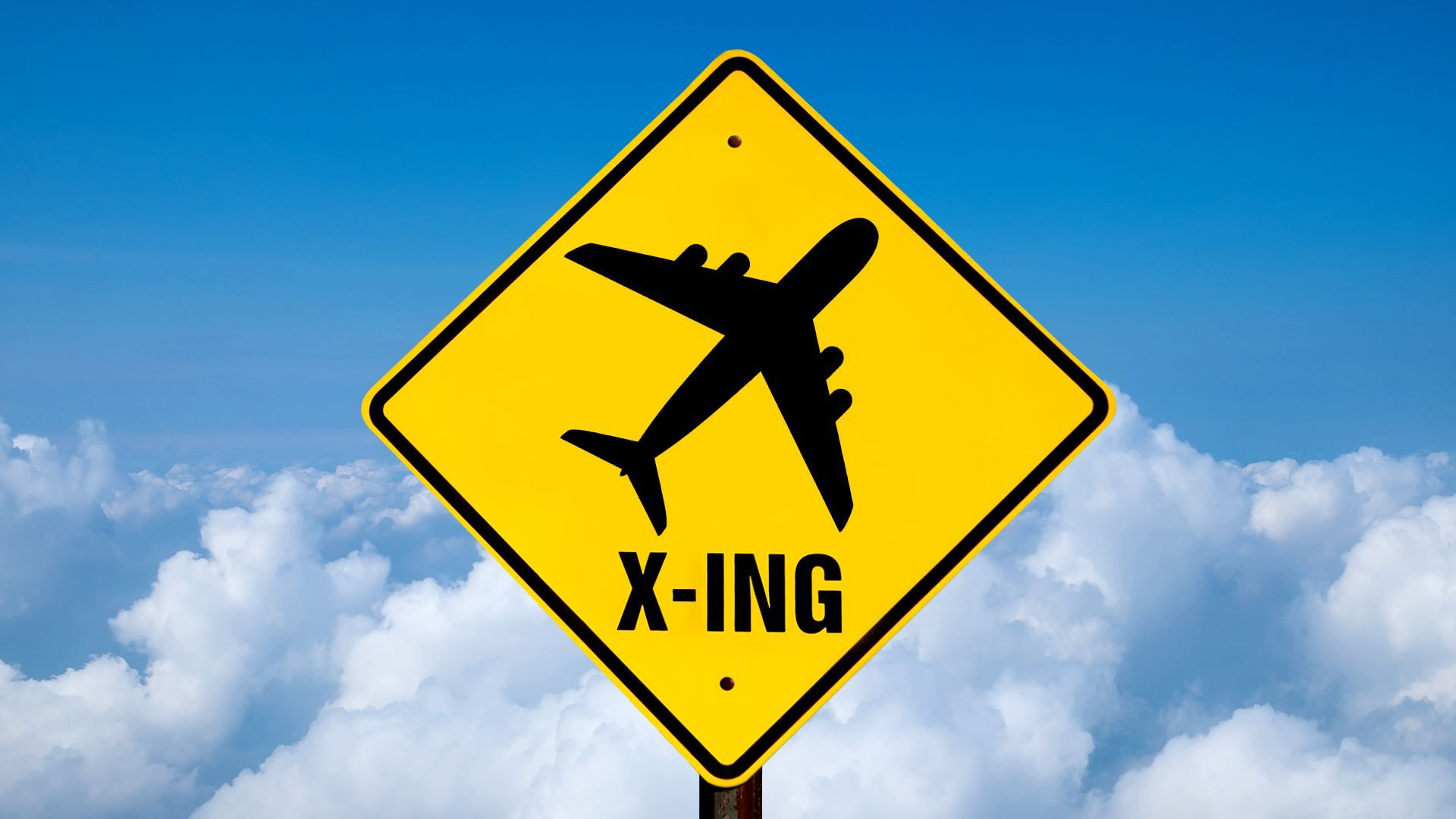 Illustration of an animal crossing sign with a plane depicted, surrounded by clouds