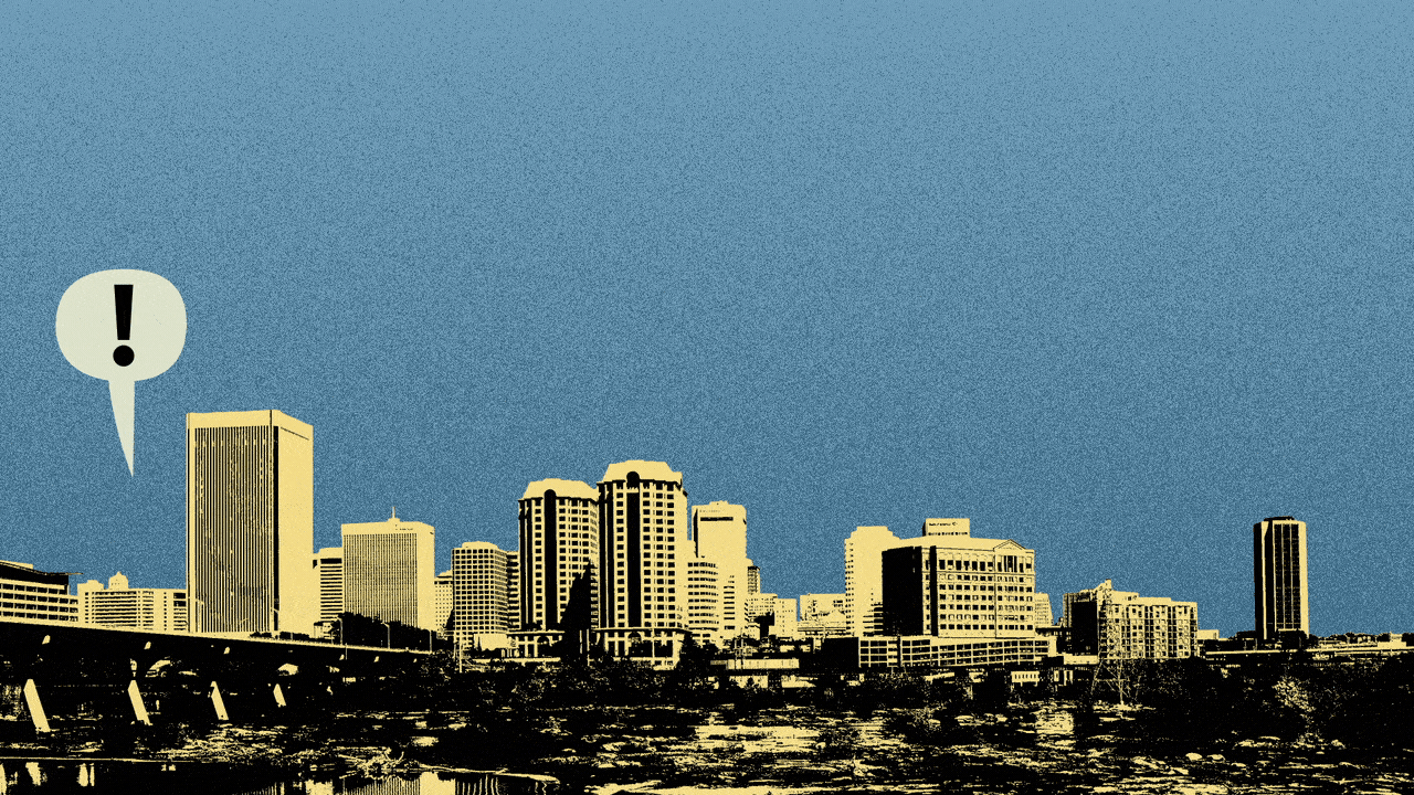 Illustration of the Richmond skyline with word balloons filled with exclamation points popping up across it from left to right.