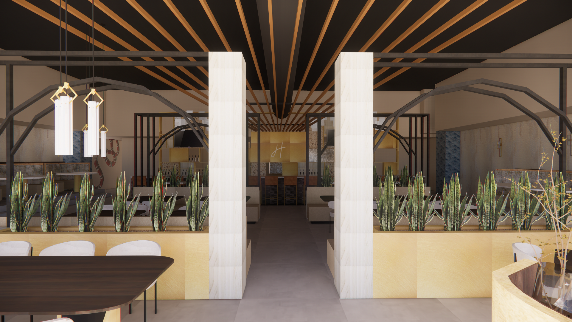 Interior of a modern restaurant with beige and wooden tones, green plants in planters, white hanging lights, dark ceiling with wooden slats, and booths separated by black frames.