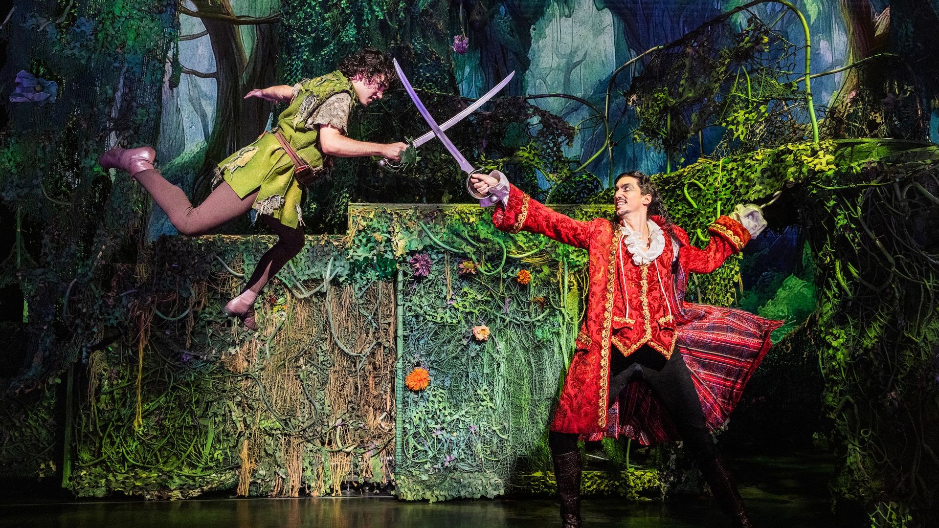 Peter Pan fights Captain Hook in a stage musical version of the classic show. 
