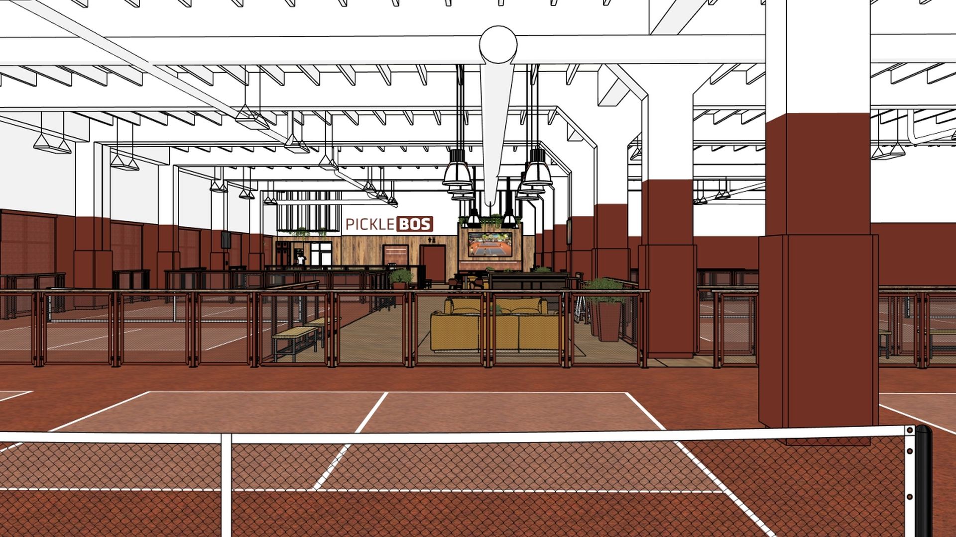 A rendering of an indoor tennis center with brown courts, white lines, and a foreground net. A lounge area with yellow couches and a cafe sign reading "PICKLE BOS" is visible in the background.