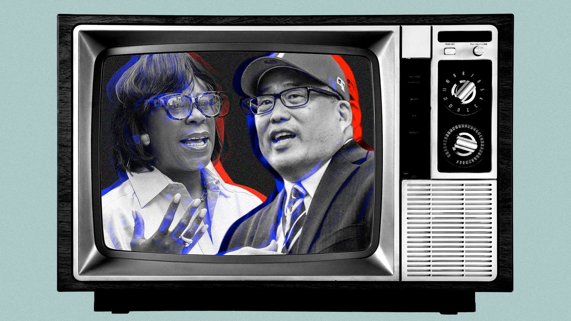 Photo illustration of David Oh and Sherelle Parker inside of a television.