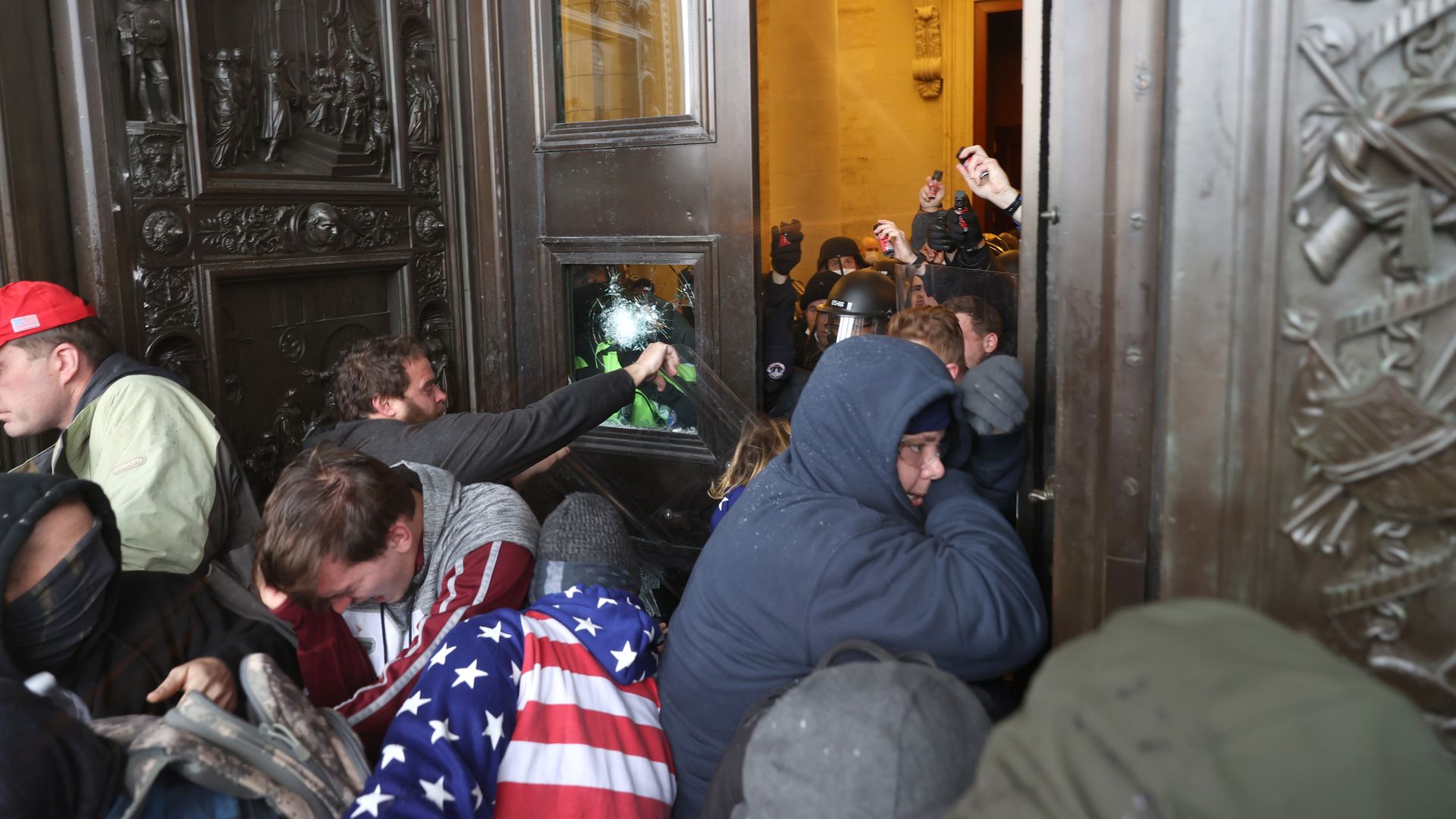 Protesters attempt to enter the U.S. Capitol Building on January 06, 2021 in Washington, DC.