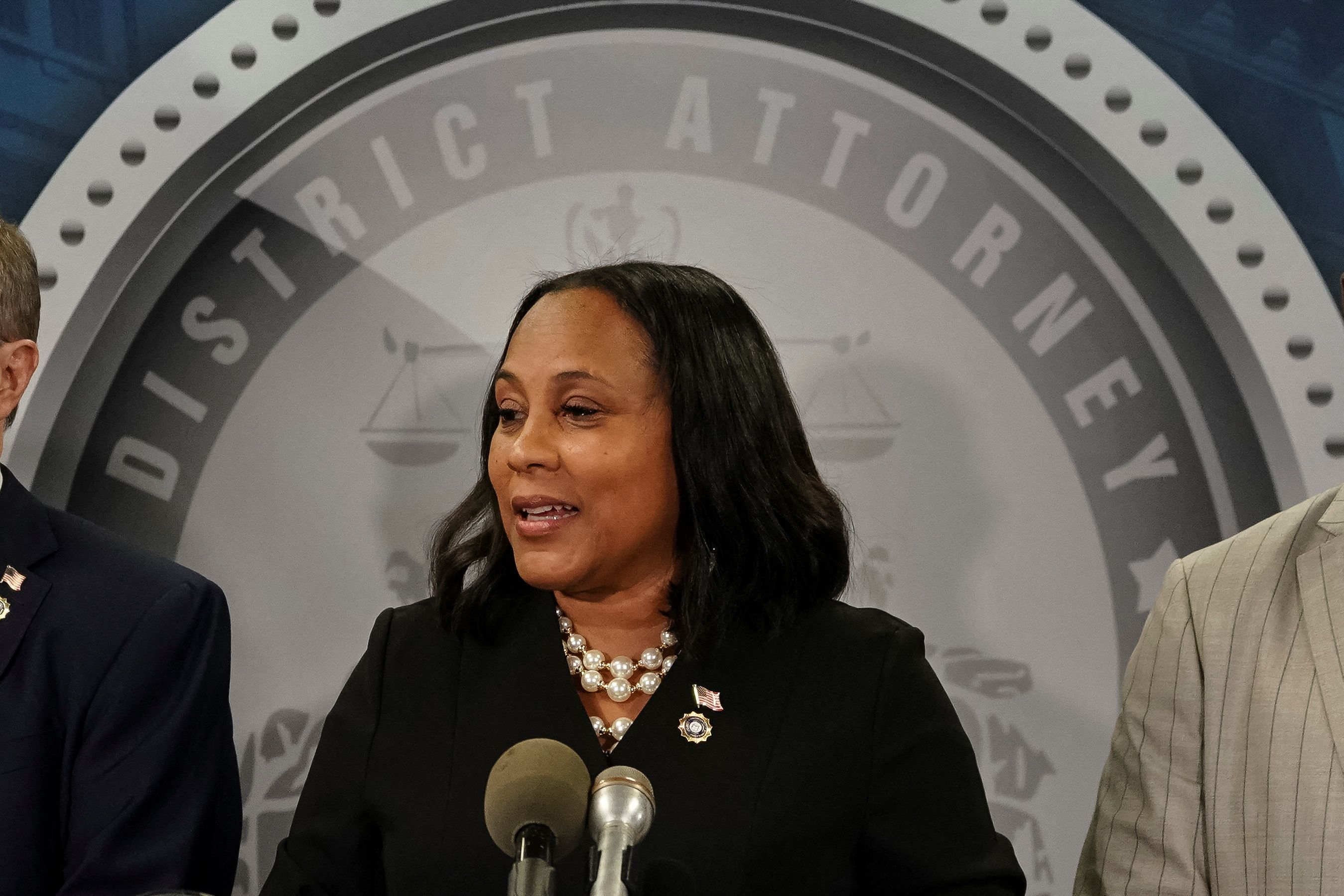 Fulton County District Attorney Fani Willis speaks to the media after a Grand Jury brought back indictments against former president Donald Trump and 18 of his allies in their attempt to overturn the state's 2020 election results, in Atlanta, Georgia, U.S. August 14, 2023. REUTERS/Elijah Nouvelage