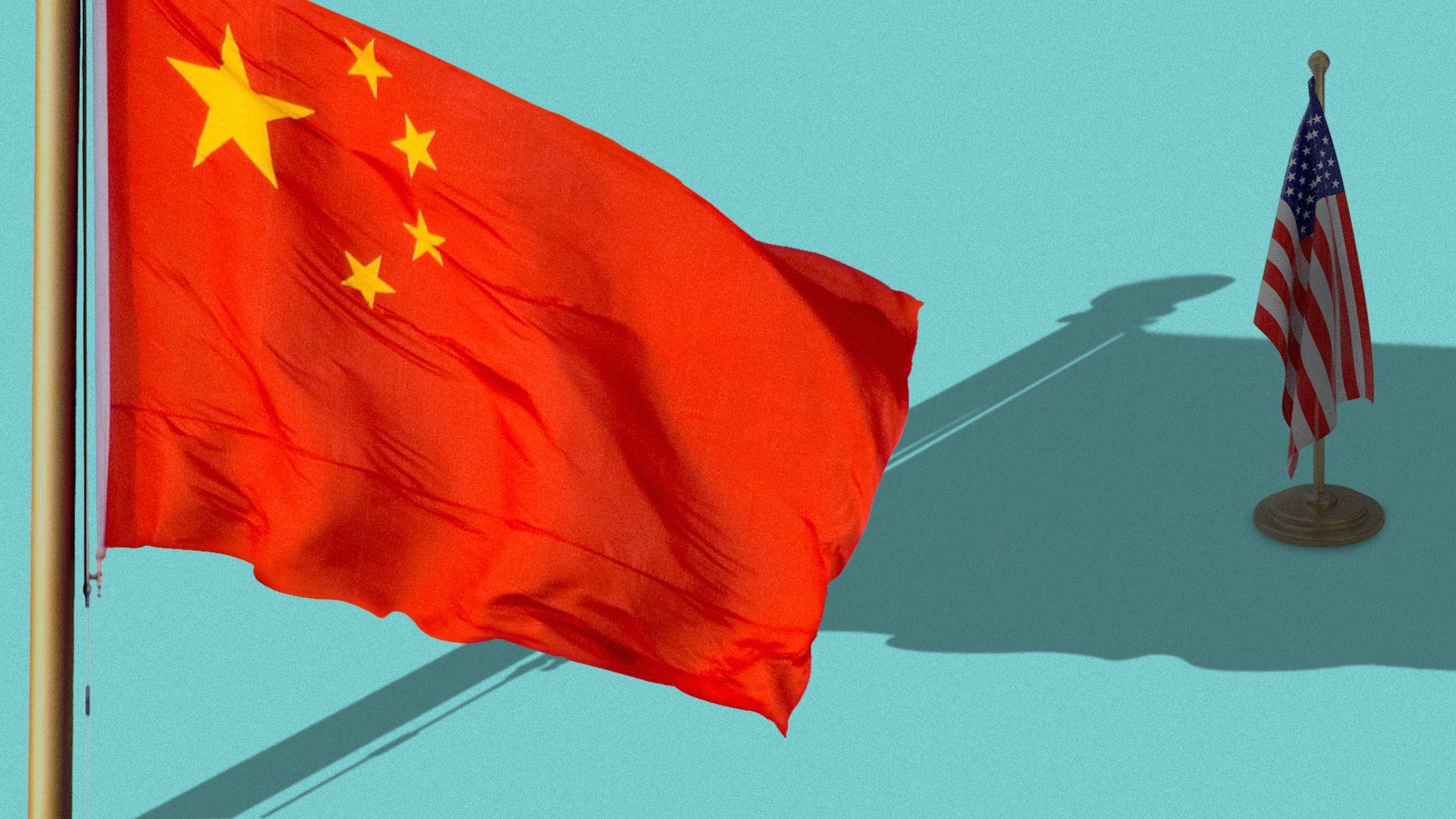  Illustration of China's flag casting a shadow over a smaller US flag.