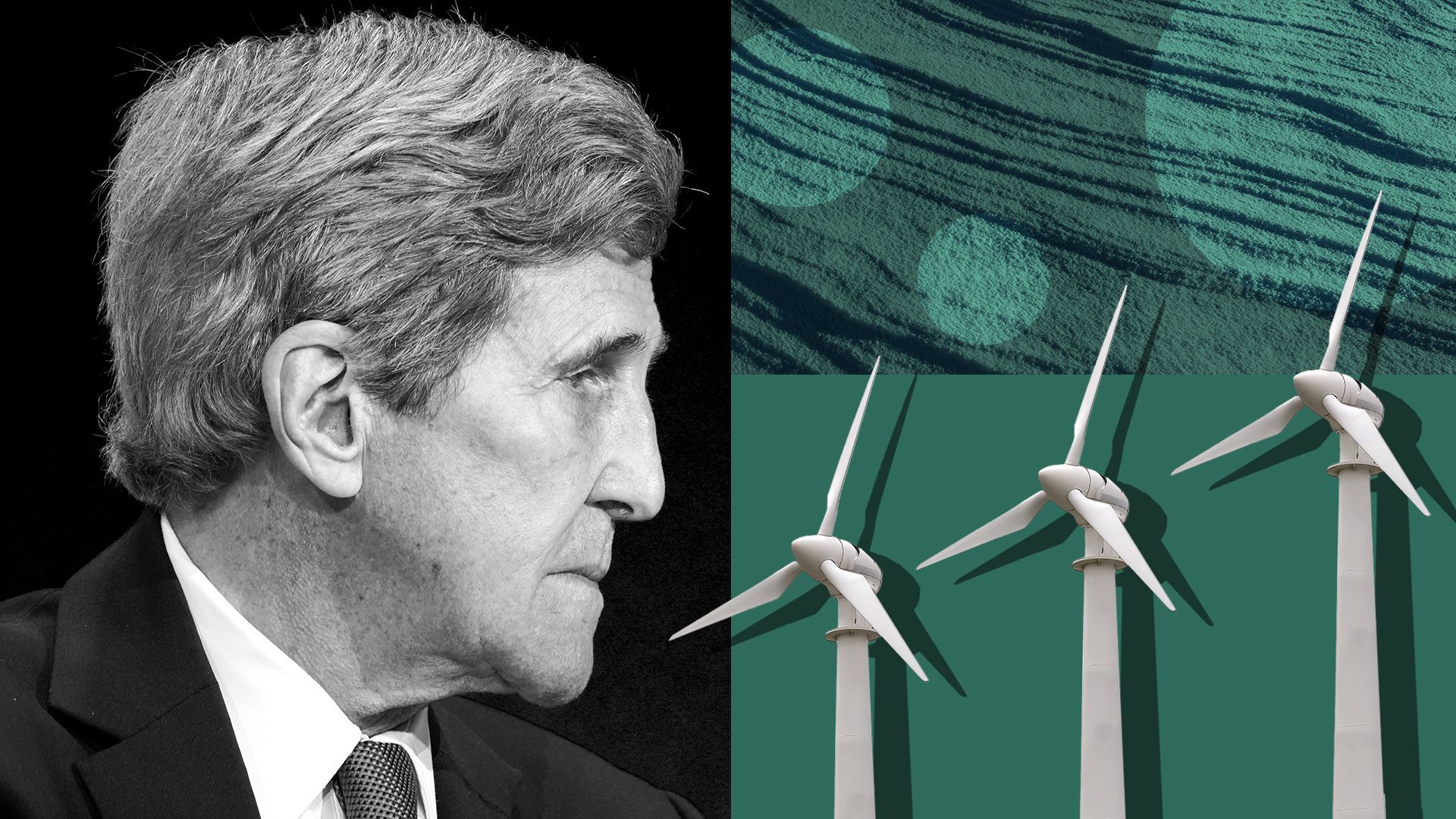 Photo illustration of John Kerry surrounded by abstract images of snow drift and wind turbines. 