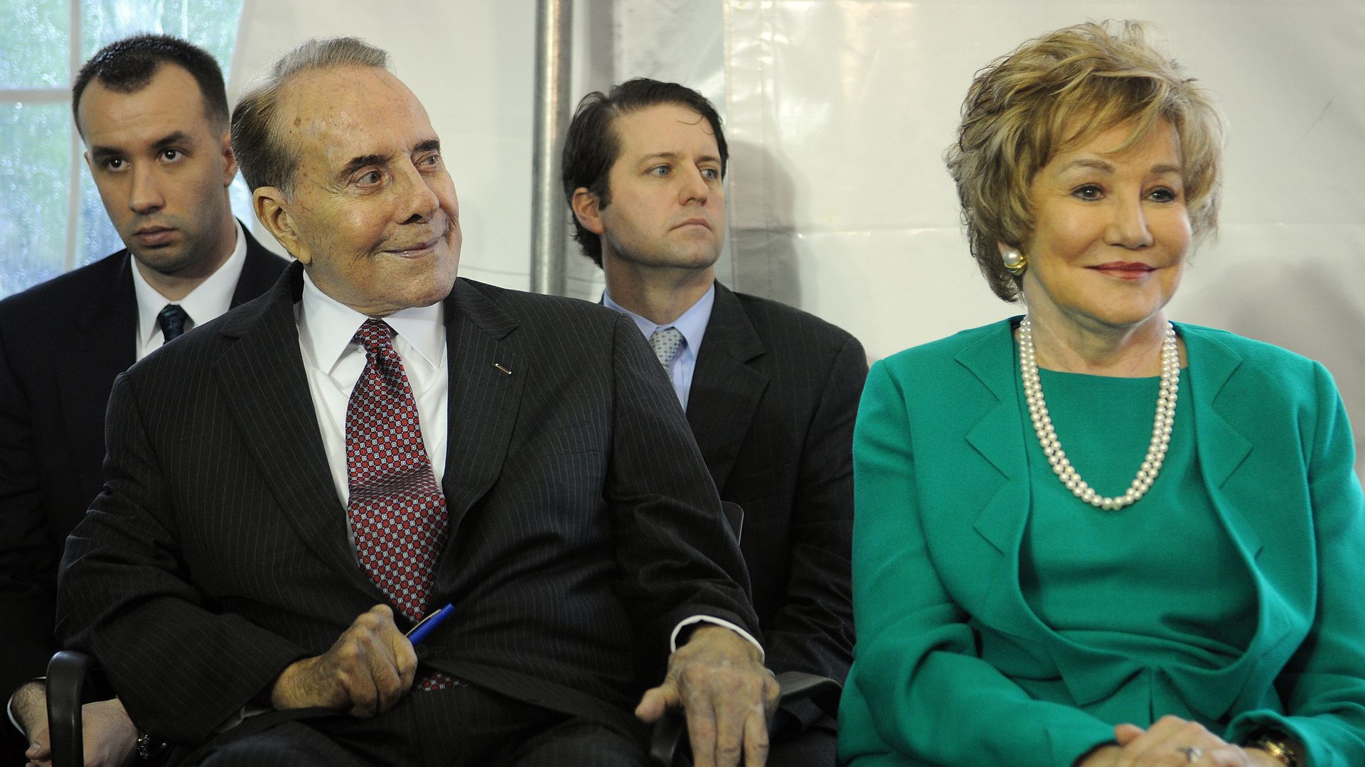 Former Sen. Bob Dole with his wife, Elizabeth attend an Interior Department ceremony to dedicate a plaque honoring him at the World War II Memorial,