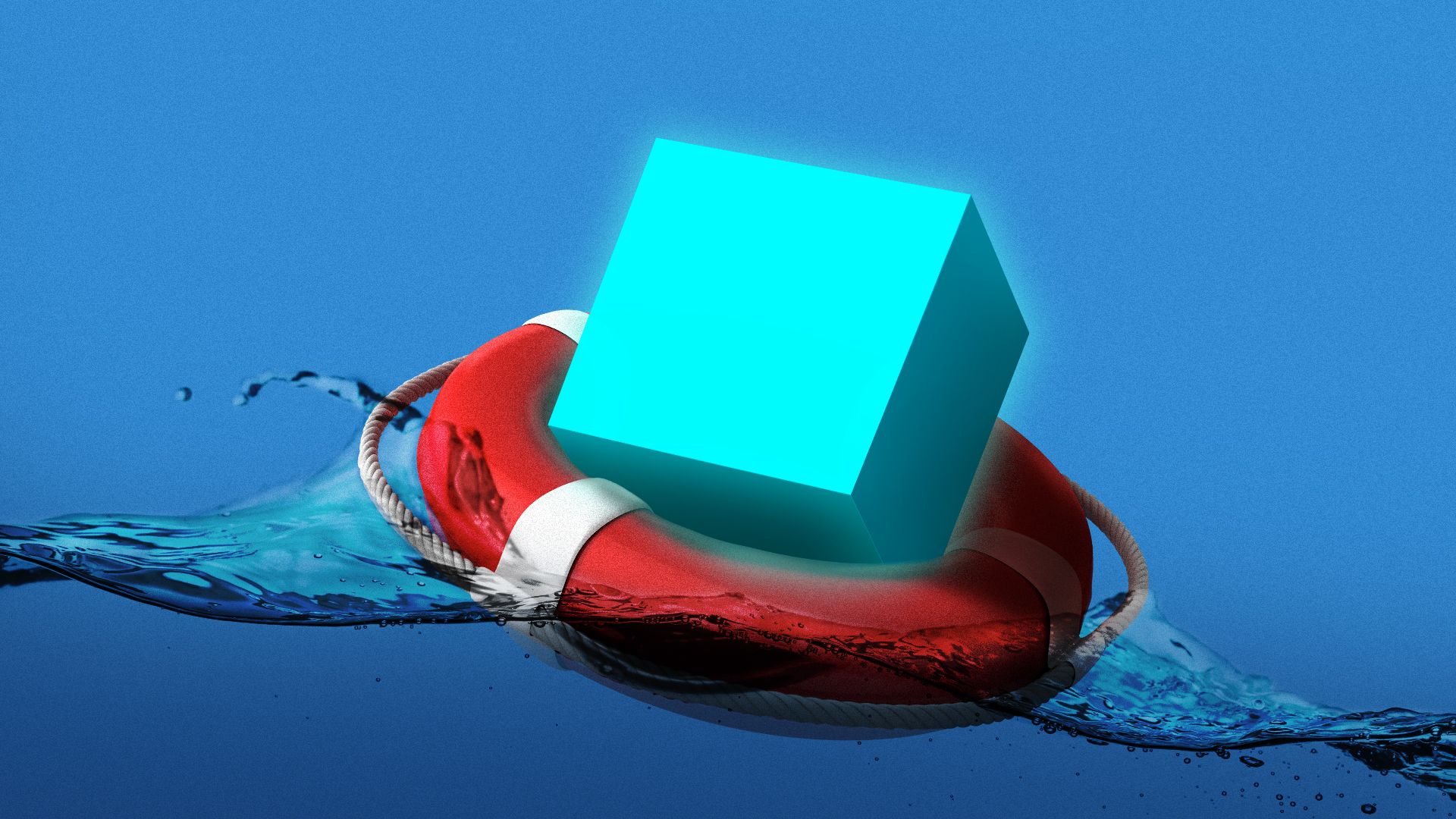 Illustration of a glowing cube in a life preserver floating in rough waters.