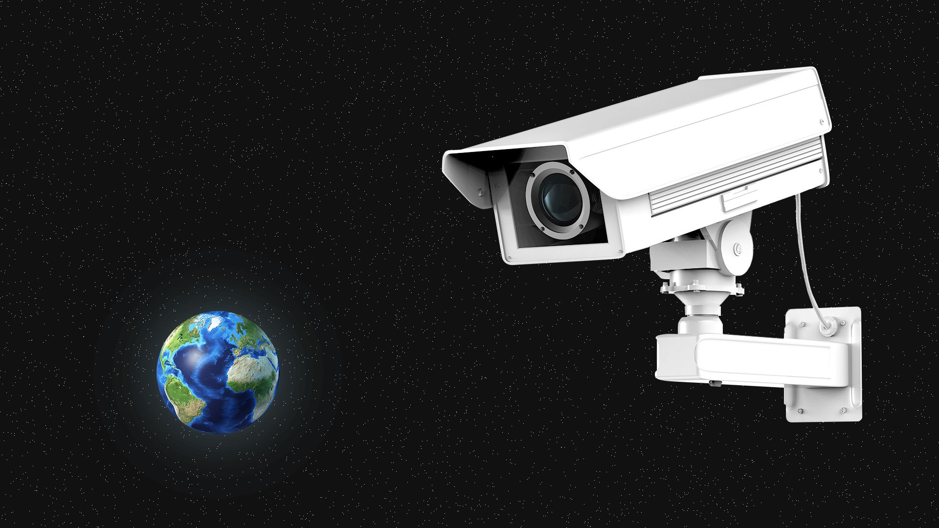 Illustration of a large surveillance camera examining a small Earth in orbit.