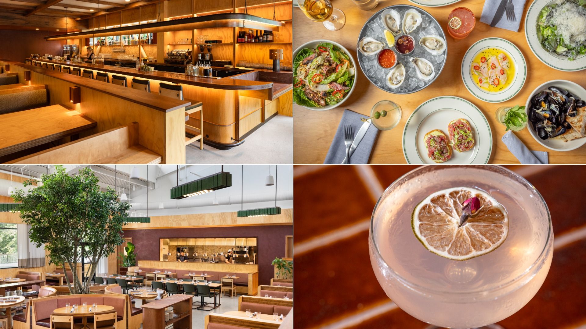 Collage of a modern restaurant: warm wooden bar, seating; top-down view of oysters and other dishes; spacious dining area with a tree; and a close-up citrus cocktail.