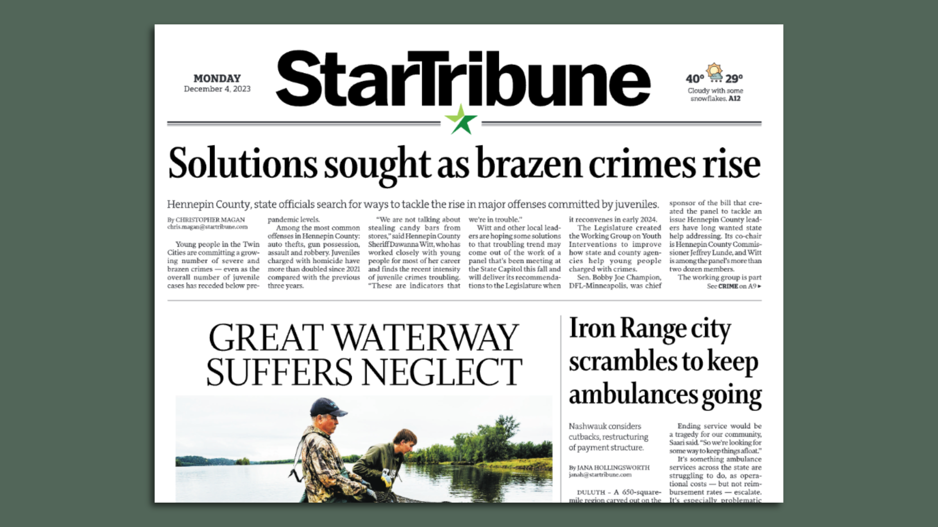 The front page of a recent Star Tribune newspaper 