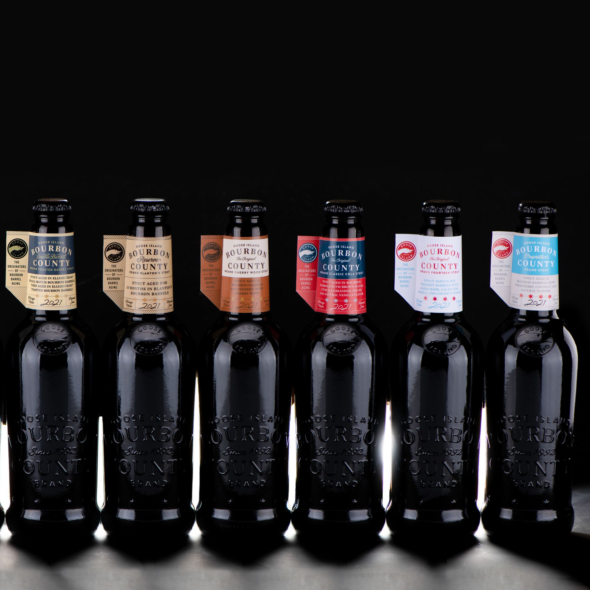 The lineup of 2021 Bourbon County Brand Stout from Goose Island. Photo courtesy of Goose Island